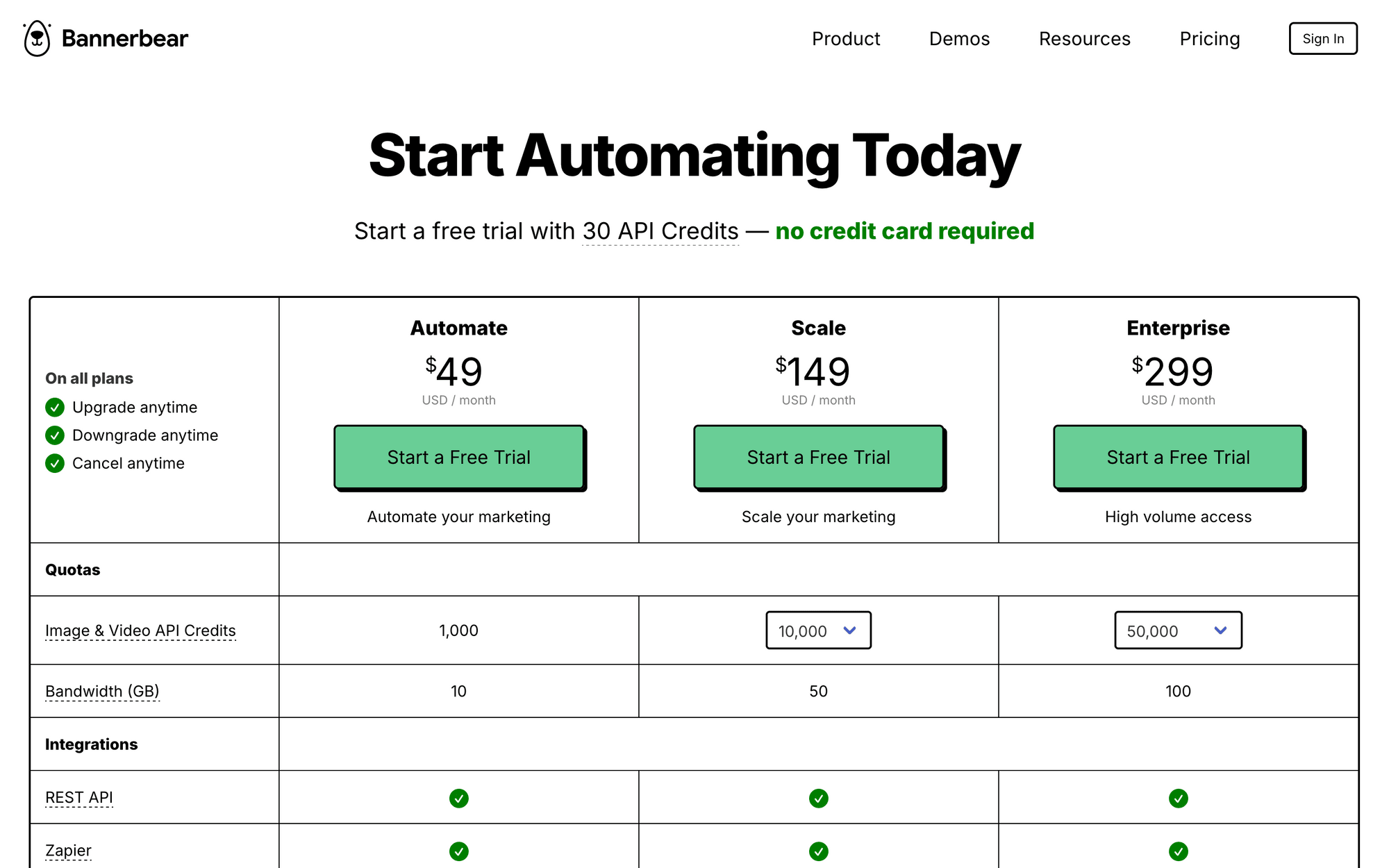 Screenshot of Bannerbear pricing page
