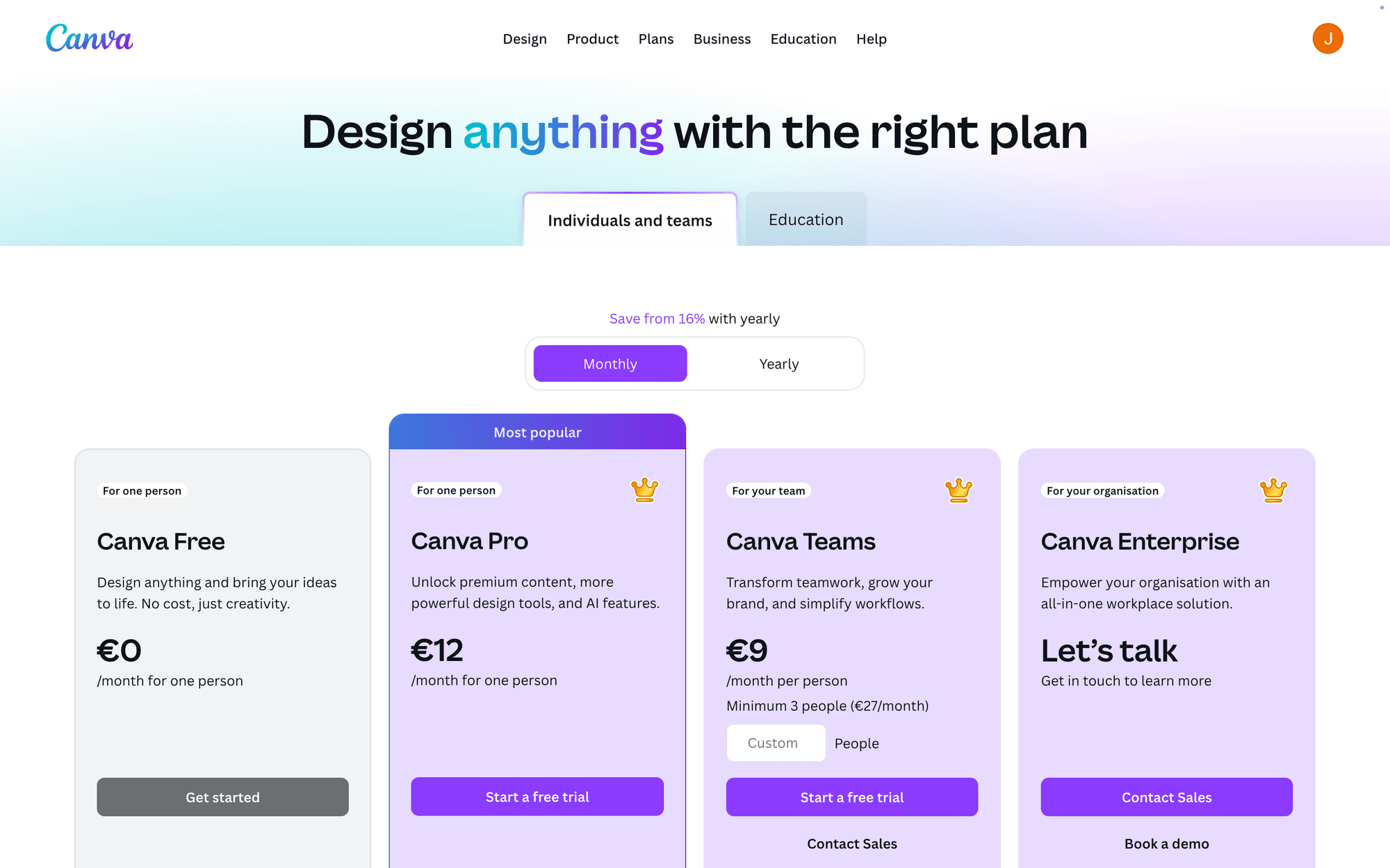 Screenshot of Canva pricing page