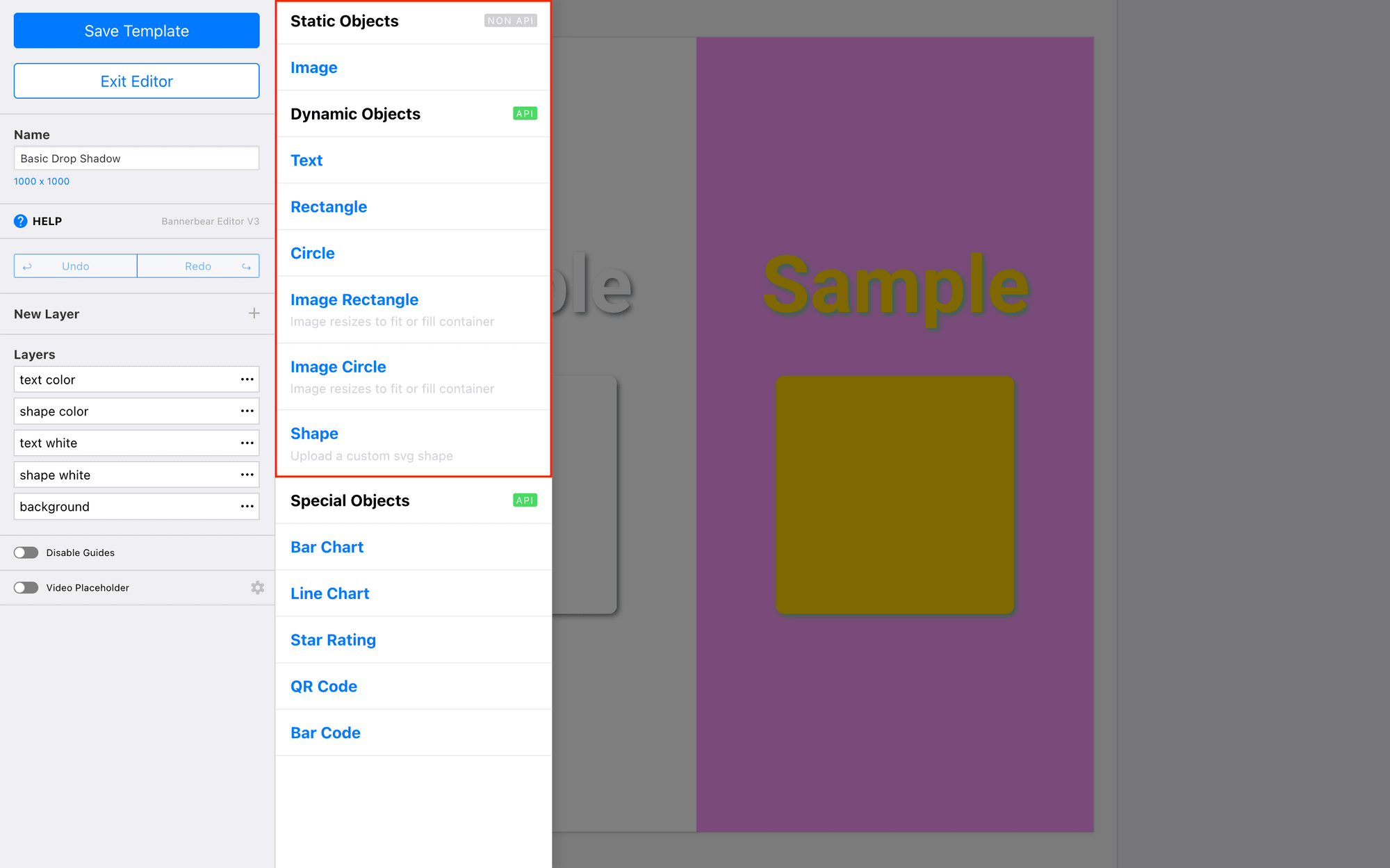 Screenshot of Bannerbear editor with new layer objects outlined in red