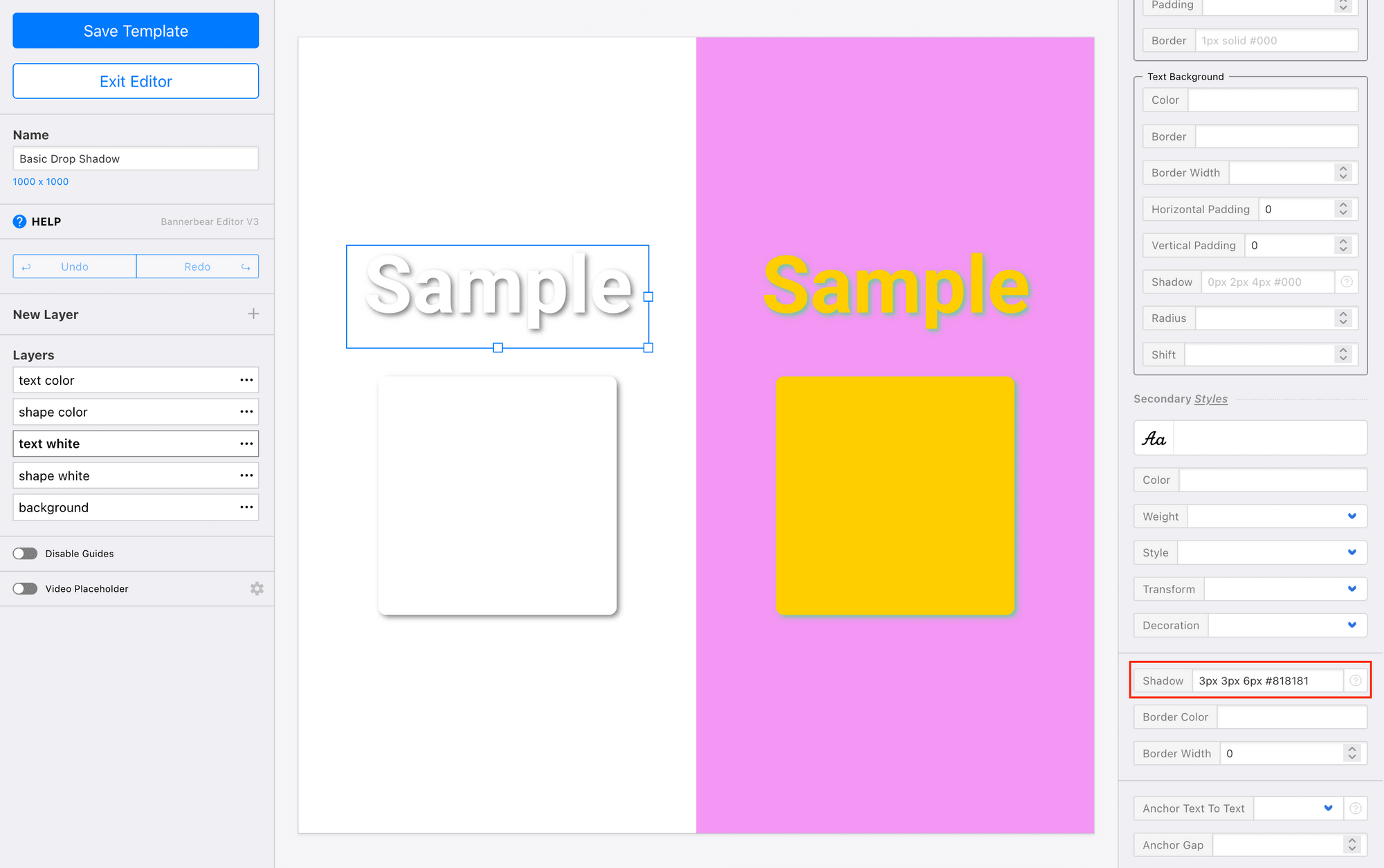 Screenshot of Bannerbear editor with shadow field outlined in red