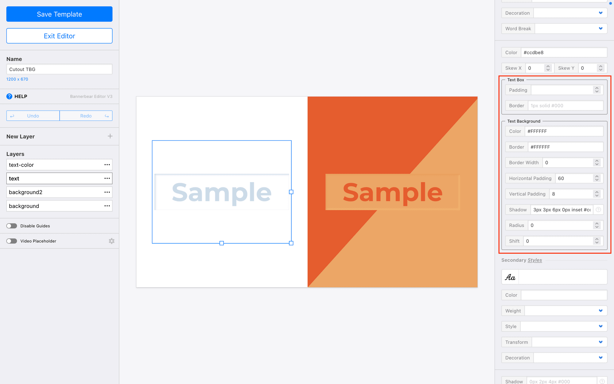 Screenshot of Bannerbear editor with text box properties outlined in red