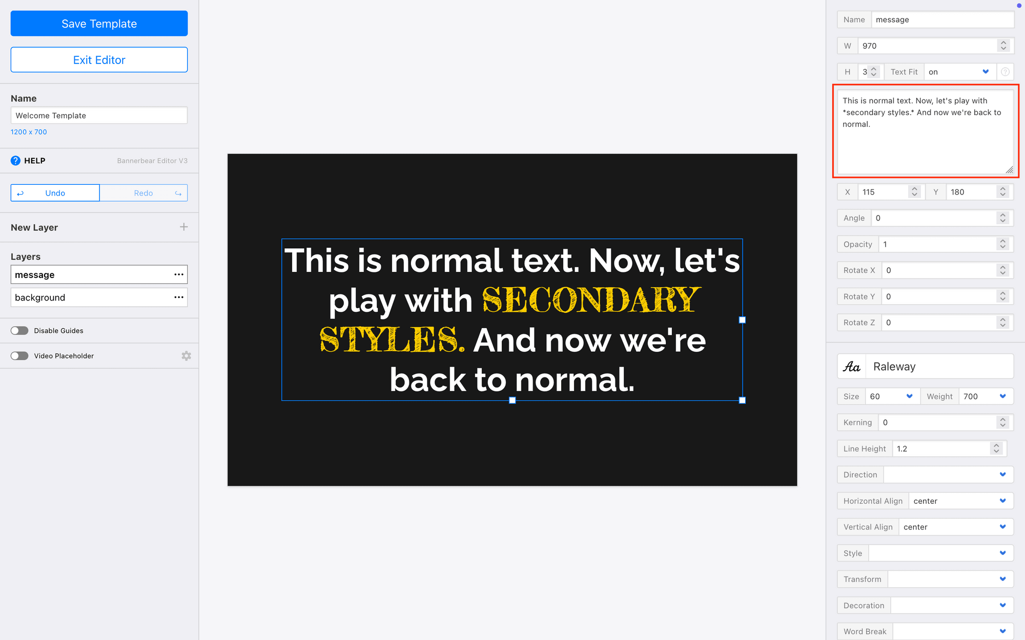 Screenshot of Bannerbear editor with text input box outlined in red