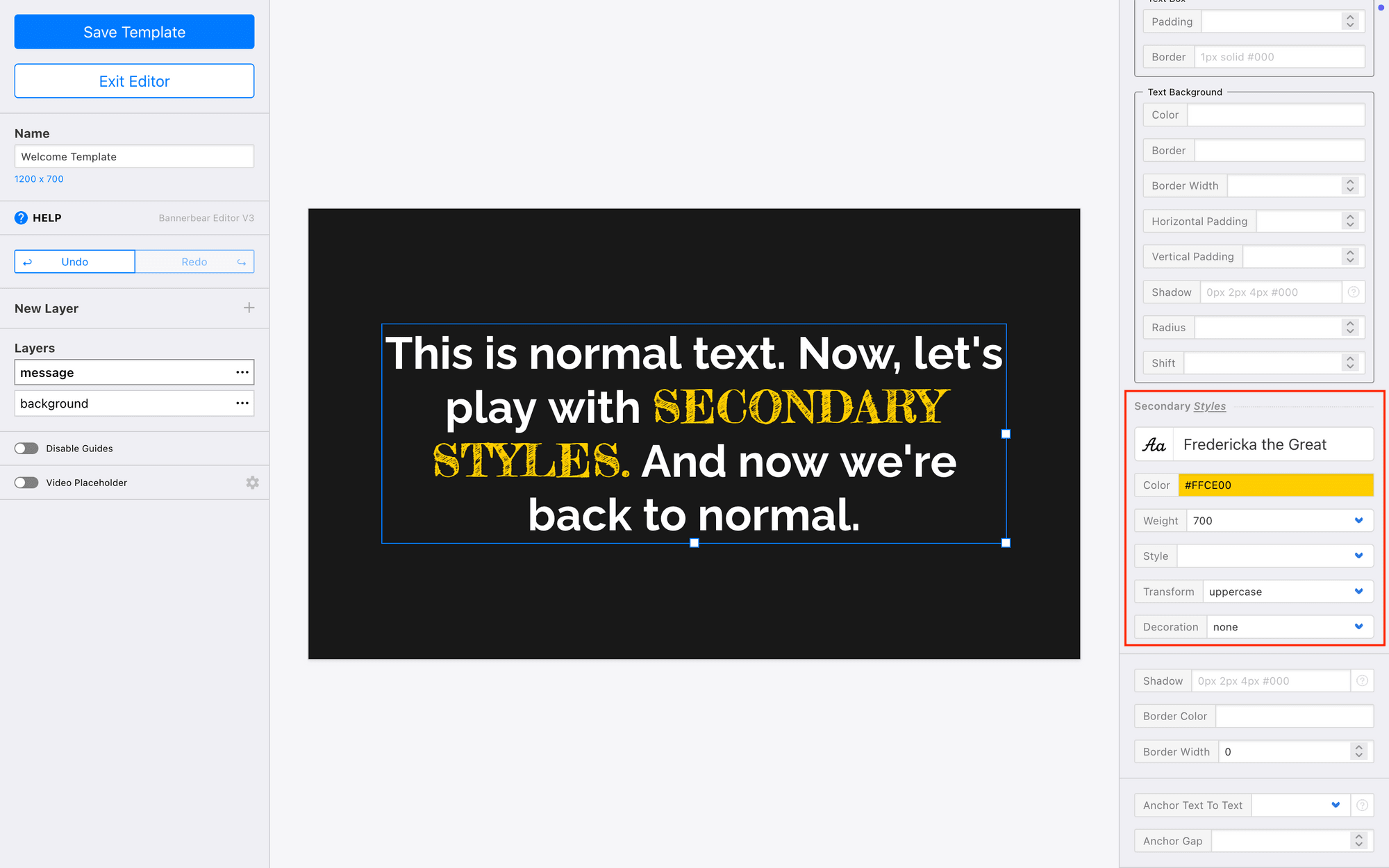 Screenshot of Bannerbear editor with secondary style settings outlined in red