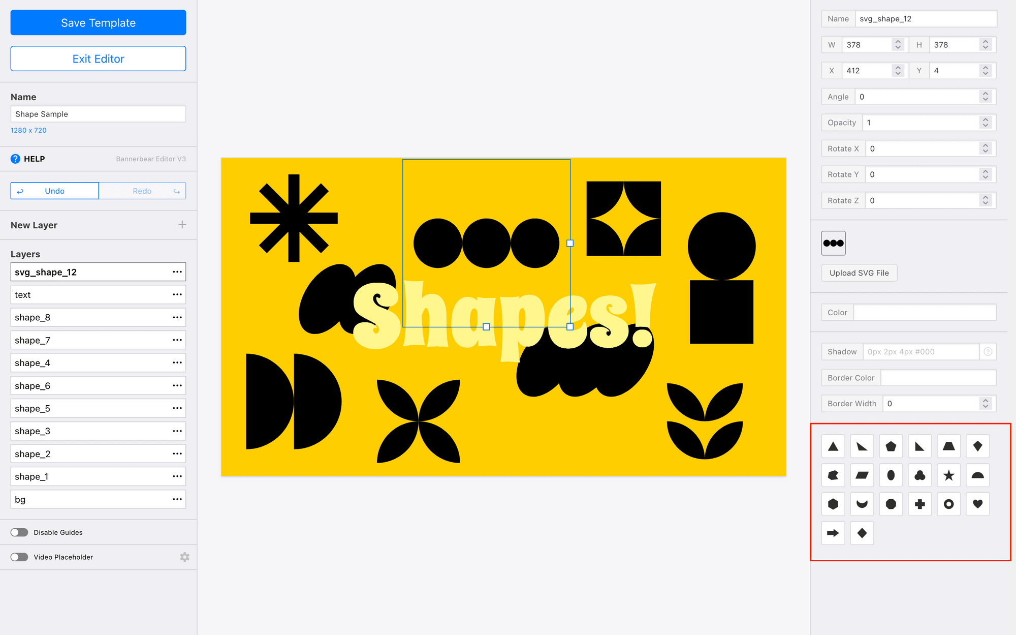 Screenshot of Bannerbear editor with shape options outlined in red