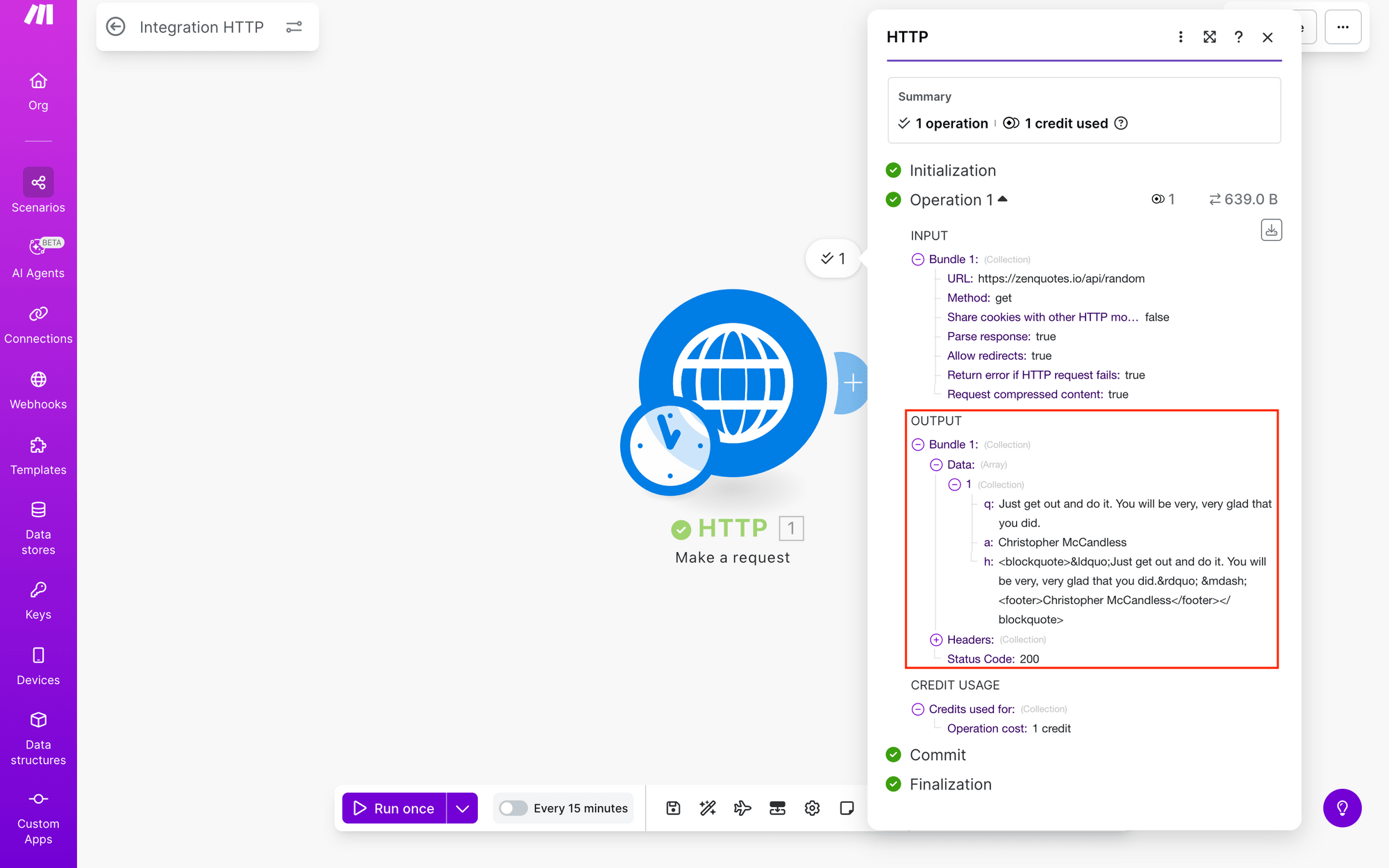 Screenshot of Make scenario HTTP module with output outlined in red