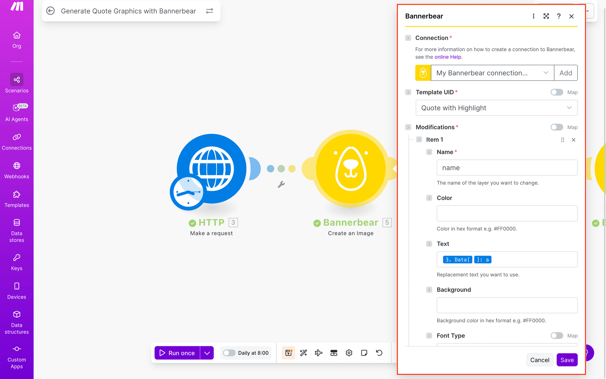 Screenshot of Make scenario Bannerbear create an image module setup