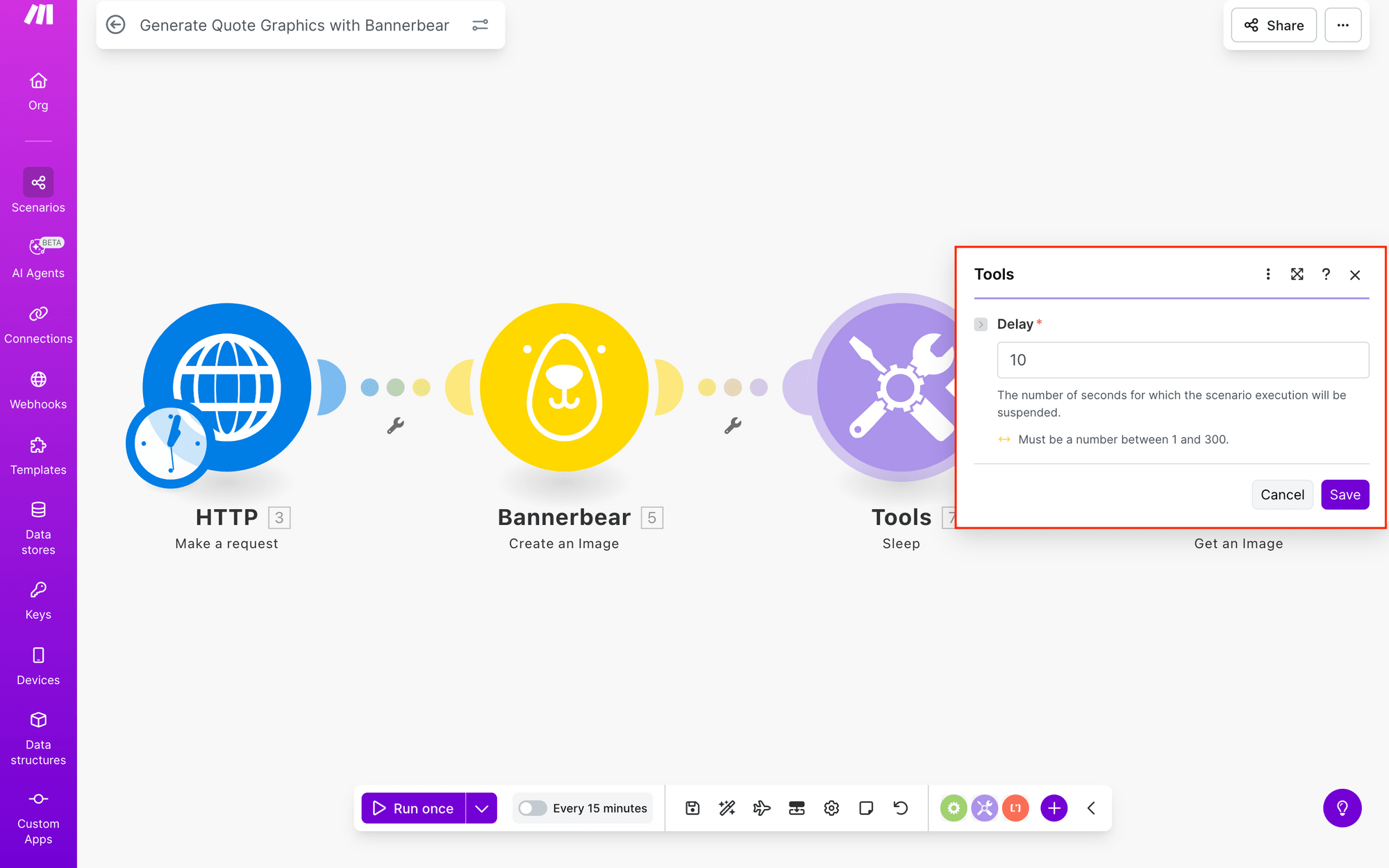 Screenshot of Make scenario sleep delay module setup