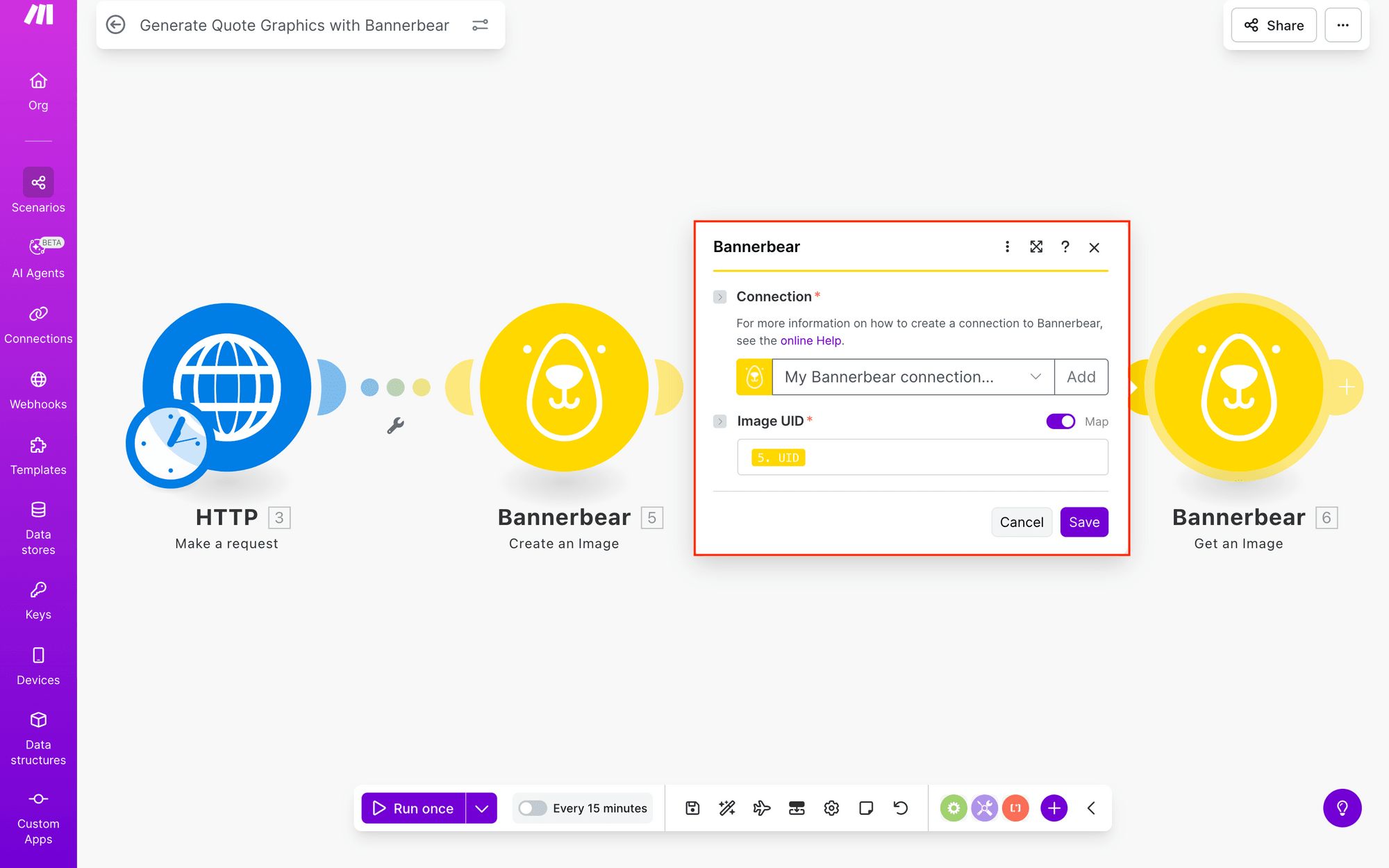 Screenshot of Make scenario Bannerbear get an image module setup