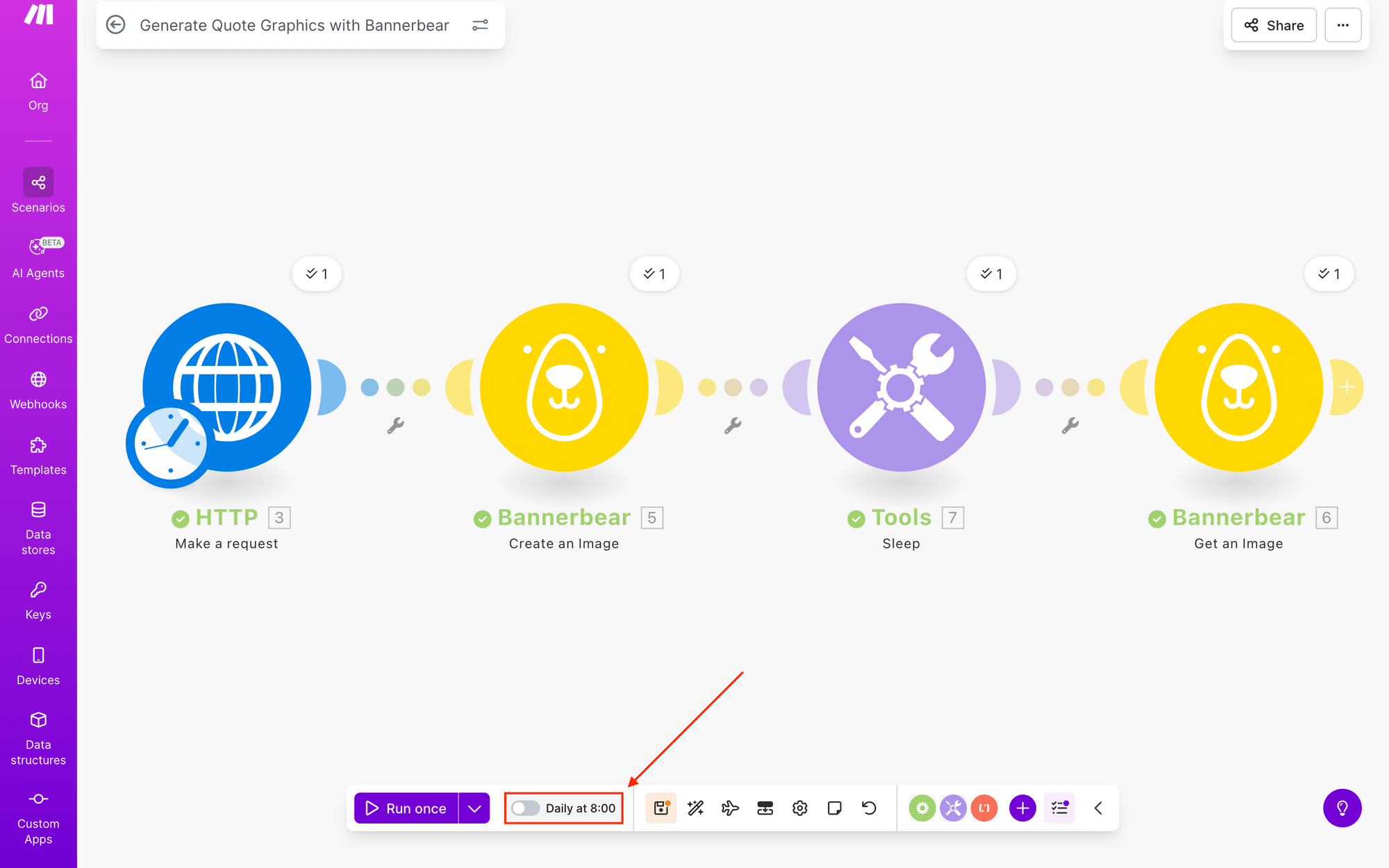 Screenshot of Make scenario with red arrow pointing to schedule settings