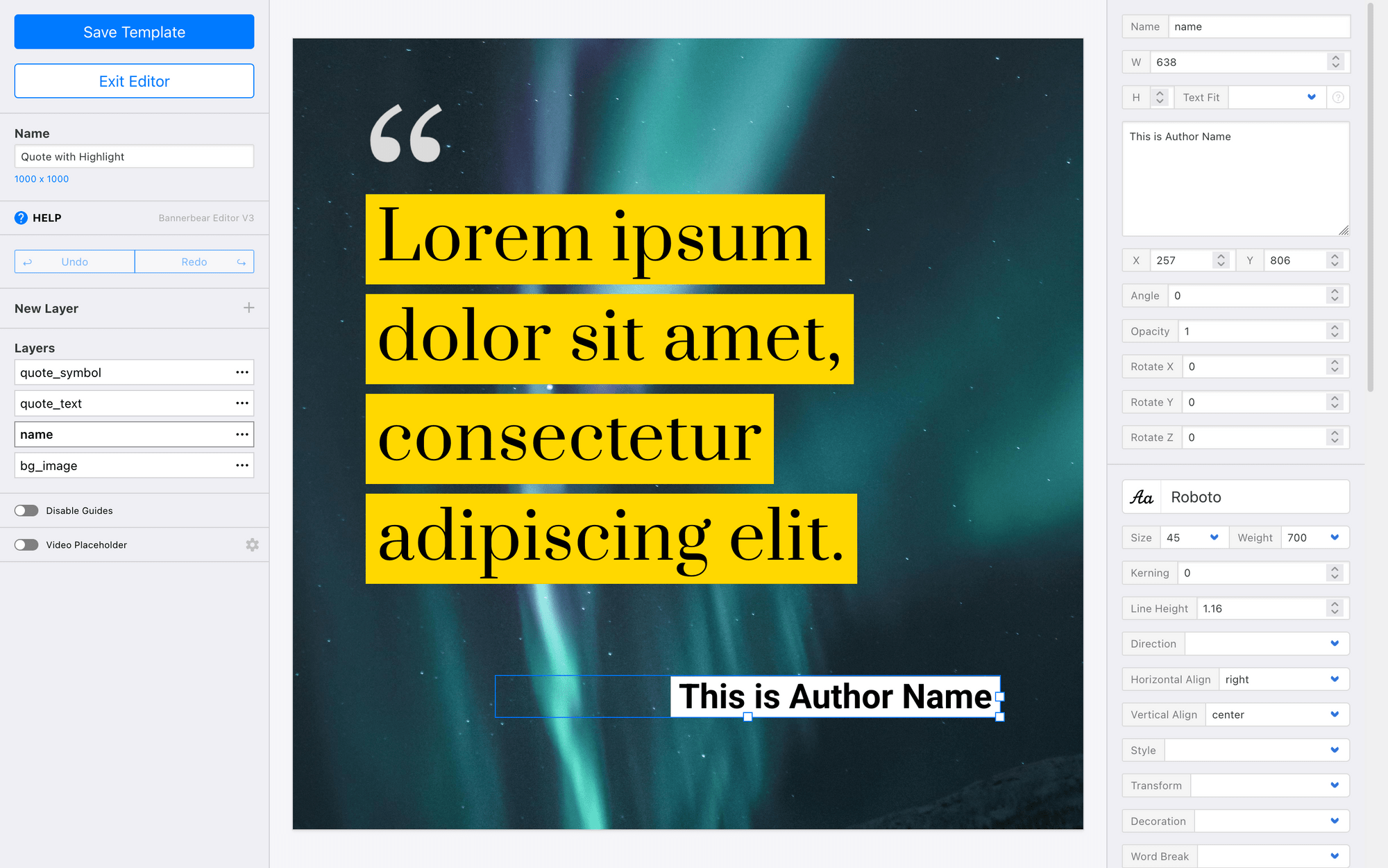 Screenshot of Bannerbear editor with sample content