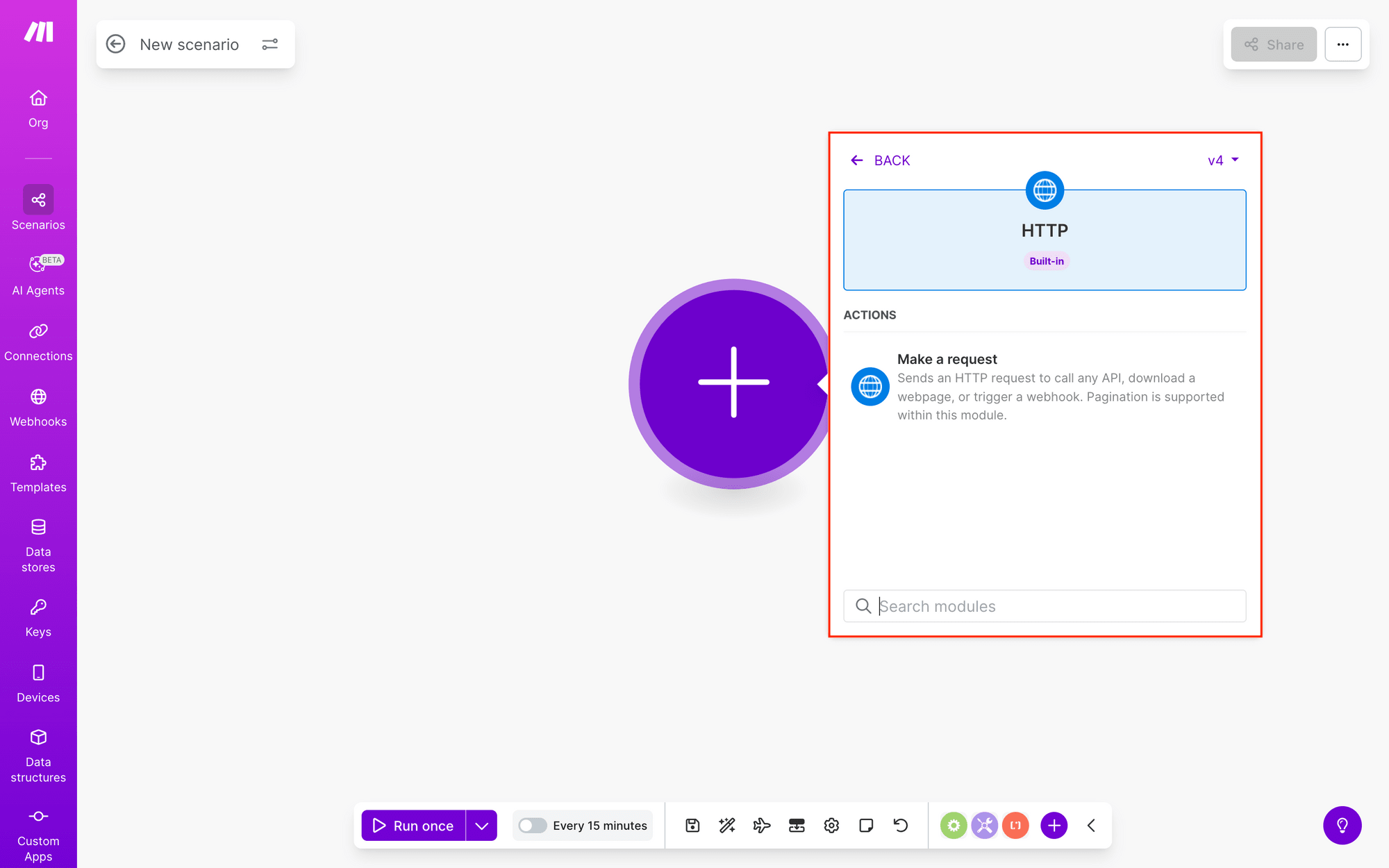 Screenshot of Make scenario with HTTP module outlined in red