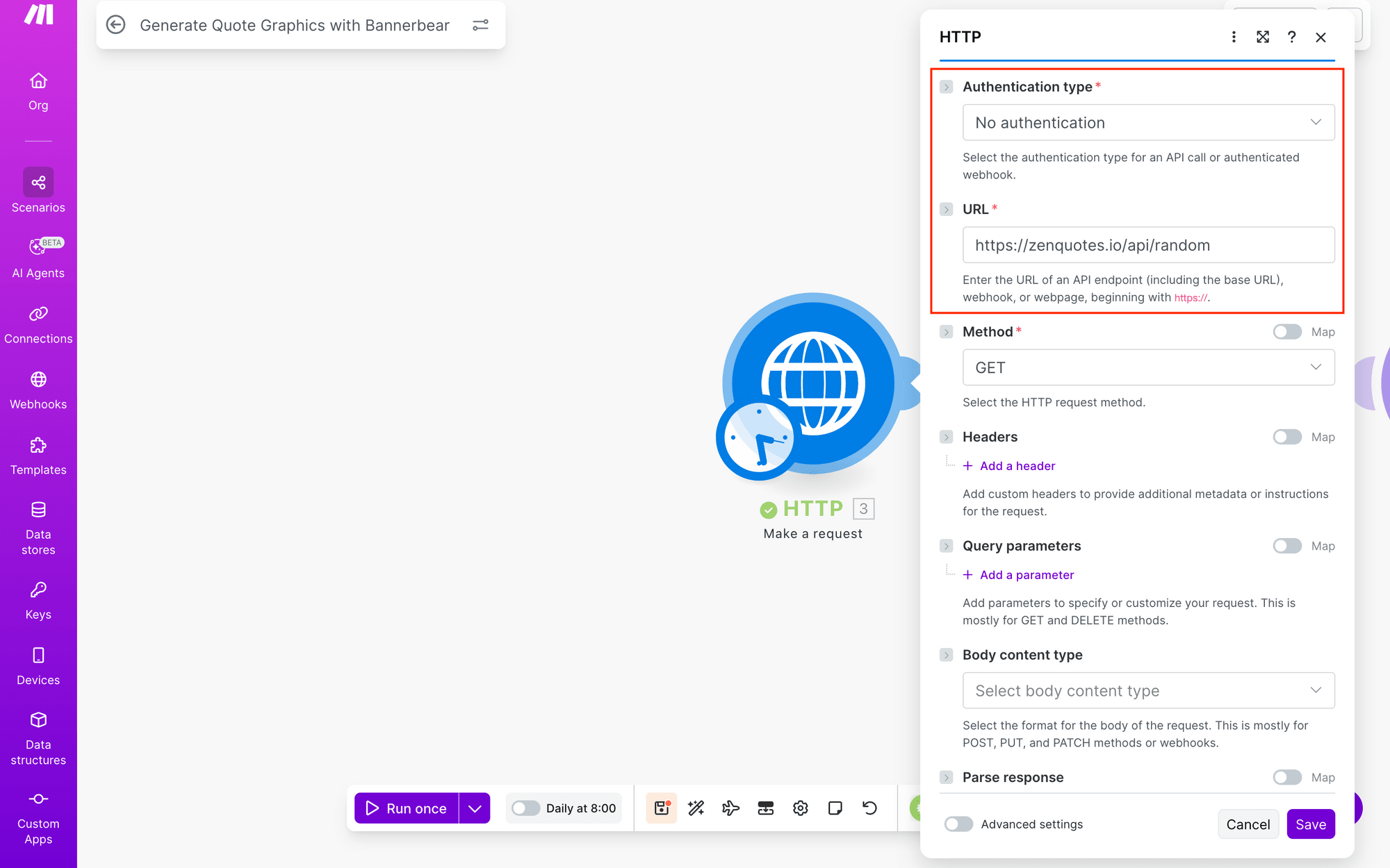 Screenshot of Make scenario HTTP nodule with authentication type and url outlined in red