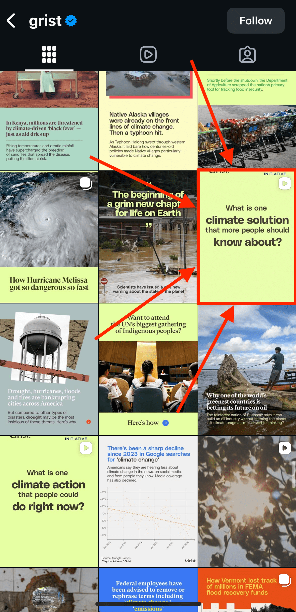 Screenshot of Grist Instagram grid with cropped Reel outlined in red