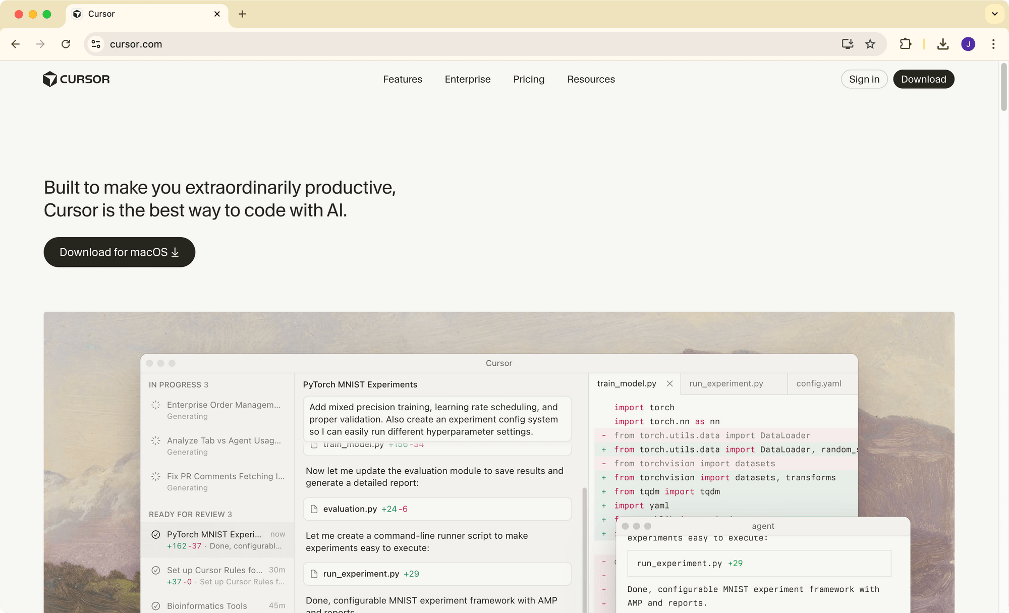The Cursor homepage with download button