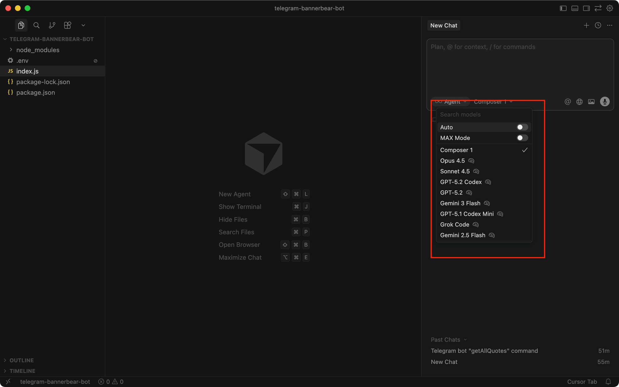 a screenshot of Cursor interface with the Model selection highlighted