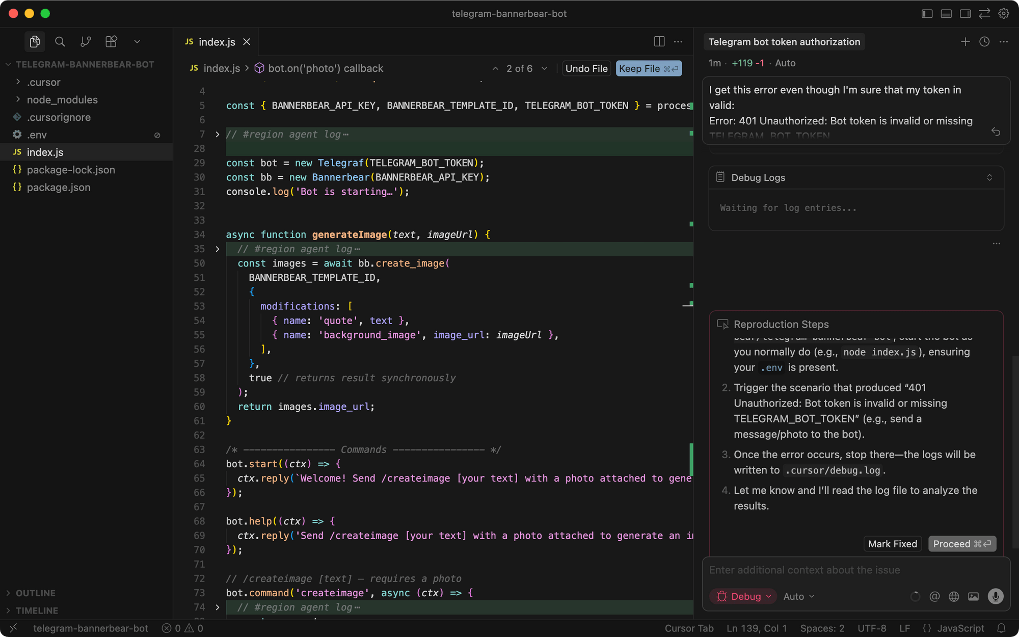 a screenshot of showing how to use the Debug mode in Cursor - result
