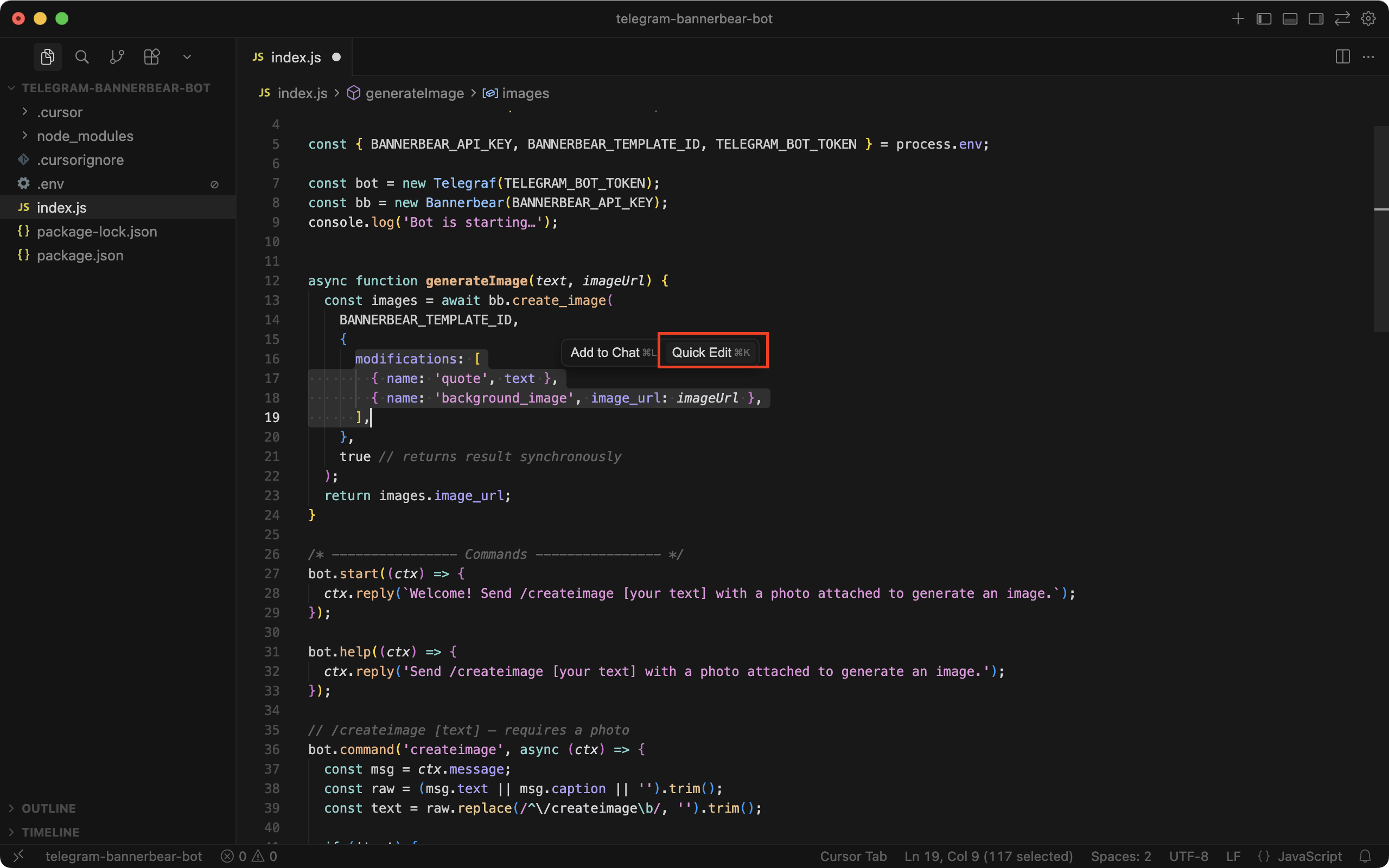 a screenshot of showing how to use Quick Edit in Cursor