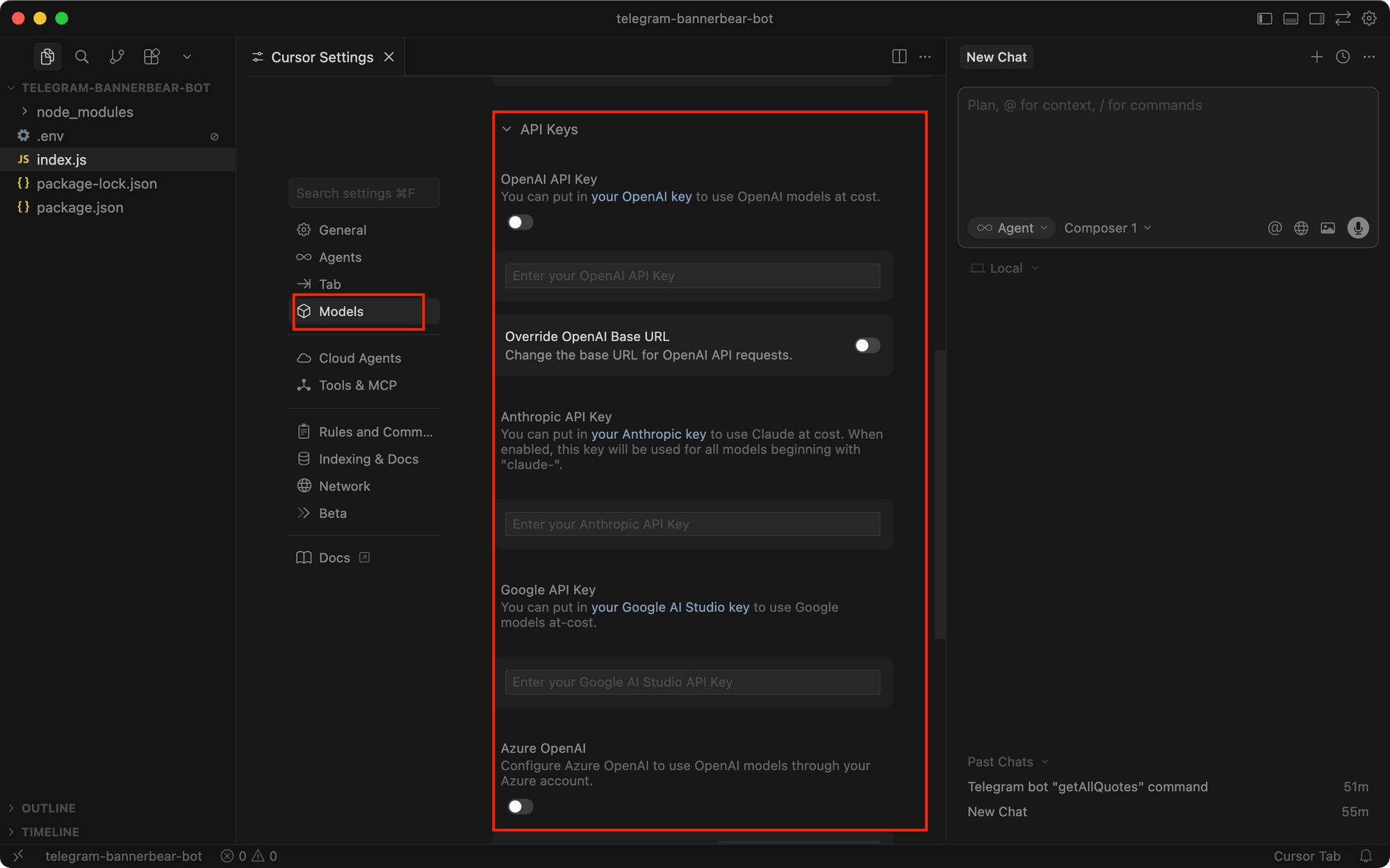 a screenshot showing where to insert API Keys in Cursor