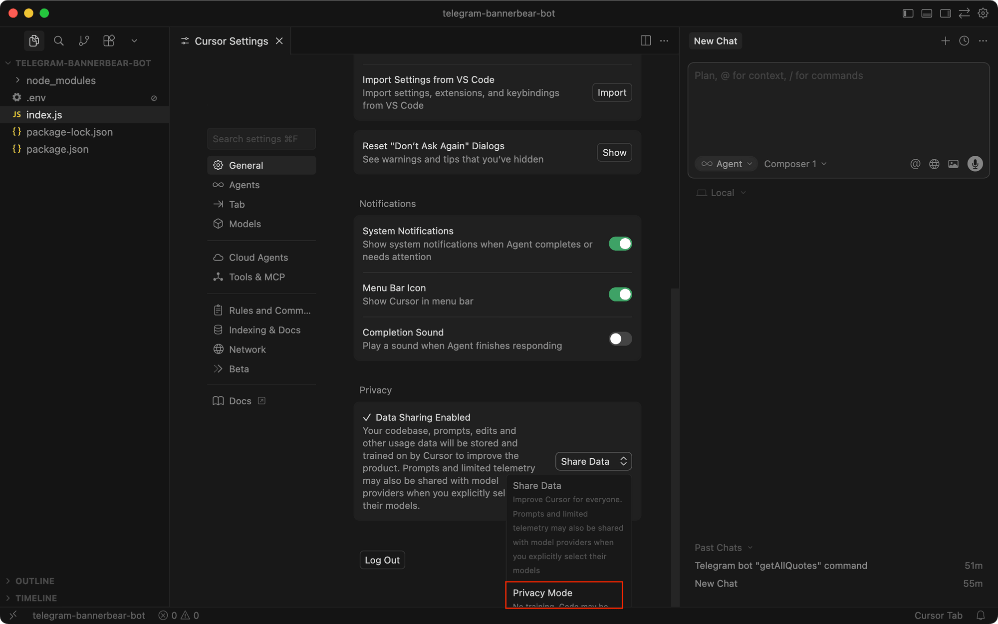 a screenshot showing where to insert API Keys in Cursor