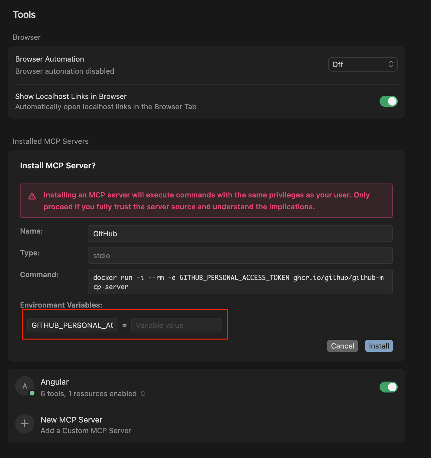 a screenshot of installing the MCP server in Cursor settings with the environment variable highlighted