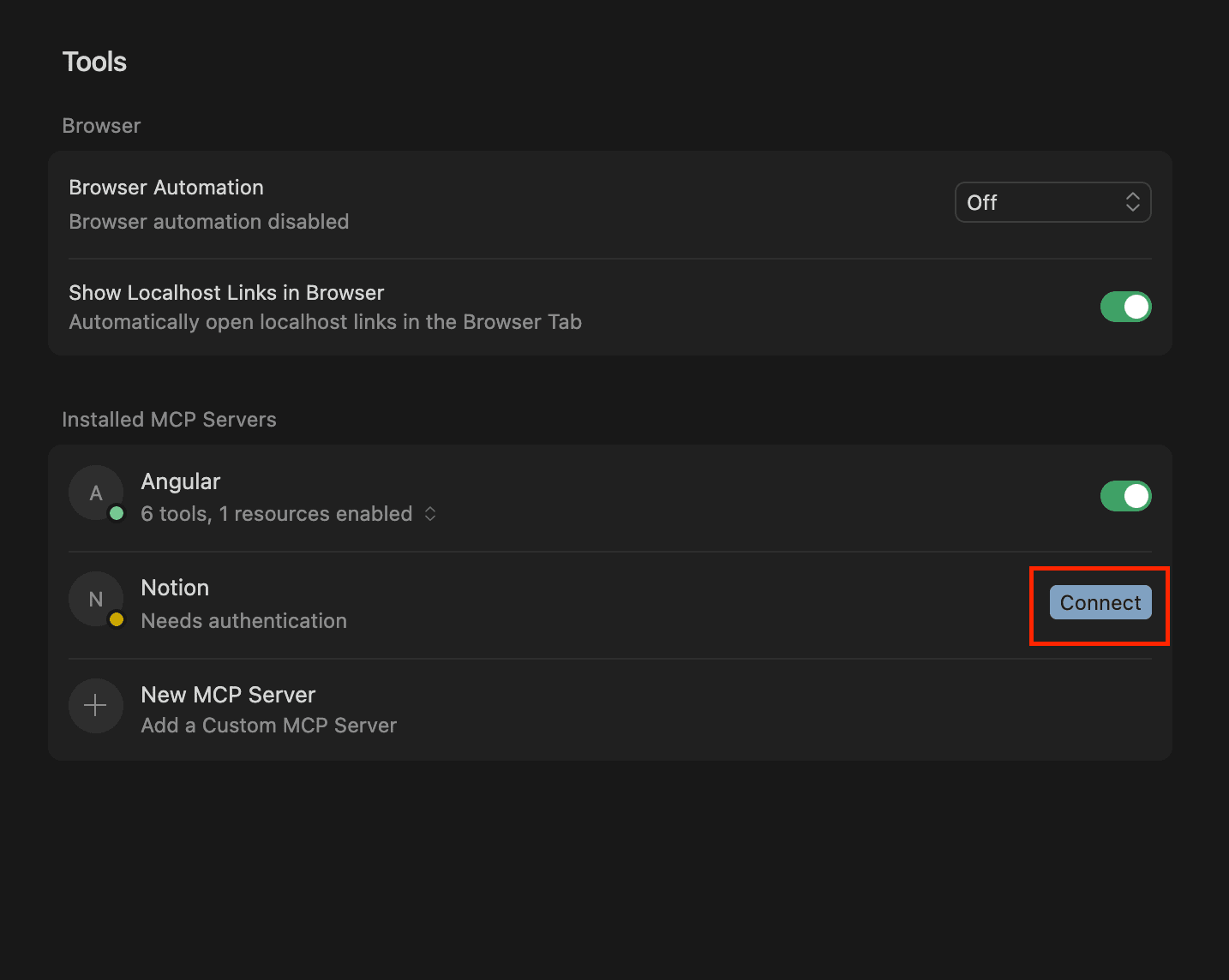 a screenshot of installing the MCP server in Cursor settings with the "Connect" button highlighted