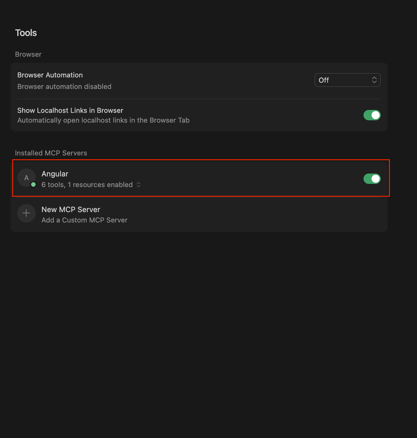 a screenshot of the installed MCP servers in Cursor