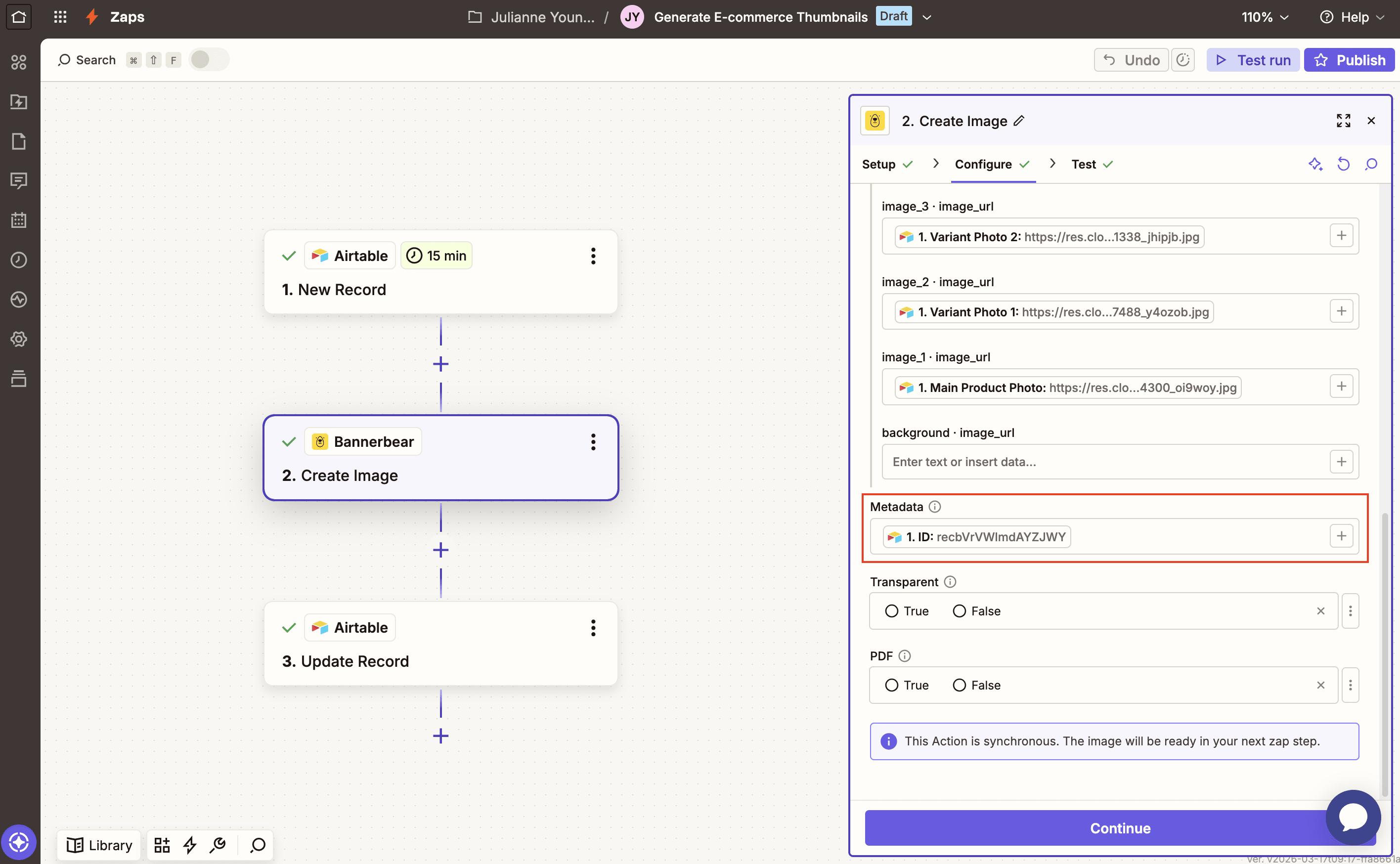 Screenshot of Zapier Bannerbear create image action with metadata outlined in red