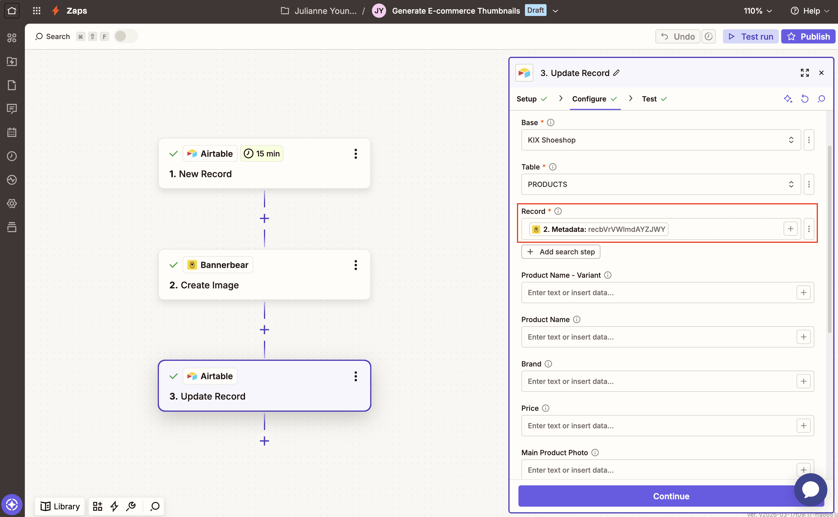 Screenshot of Zapier Bannerbear update record action with record field outlined in red