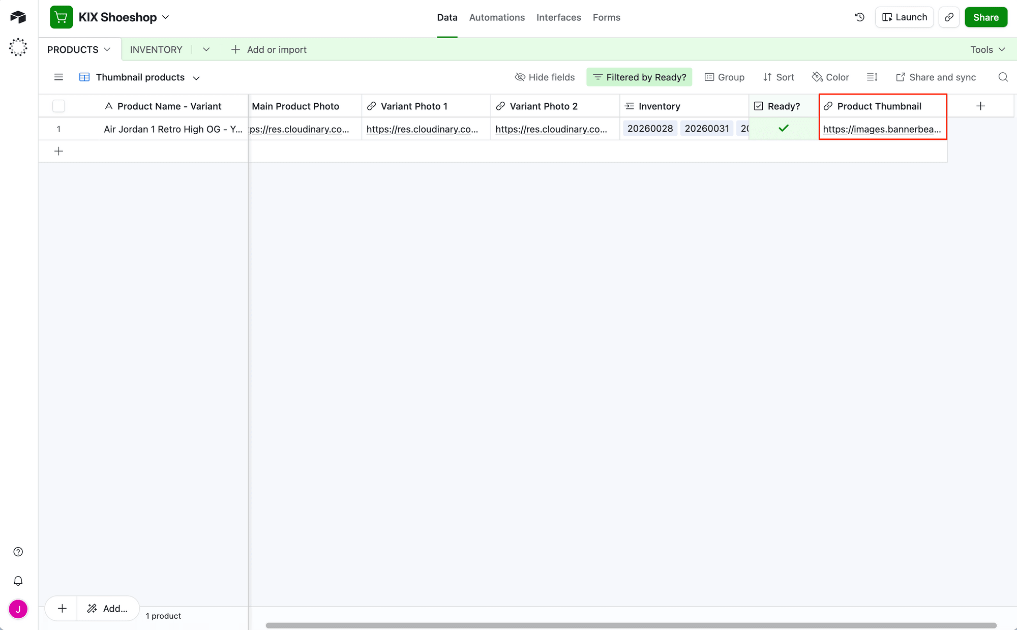 Screenshot of Airtable base with product thumbnail link output outlined in red