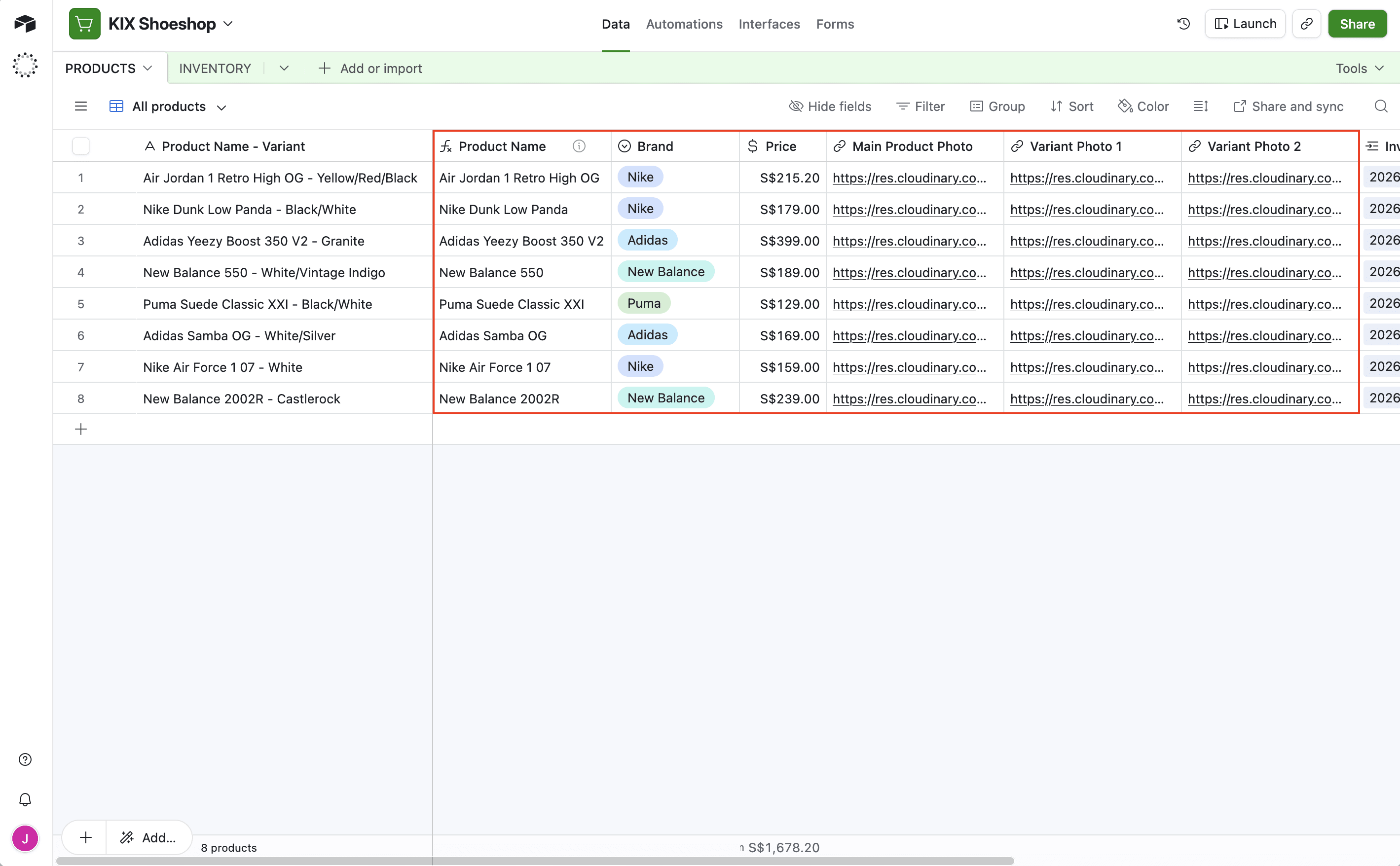 Screenshot of Airtable base with product information outlined in red