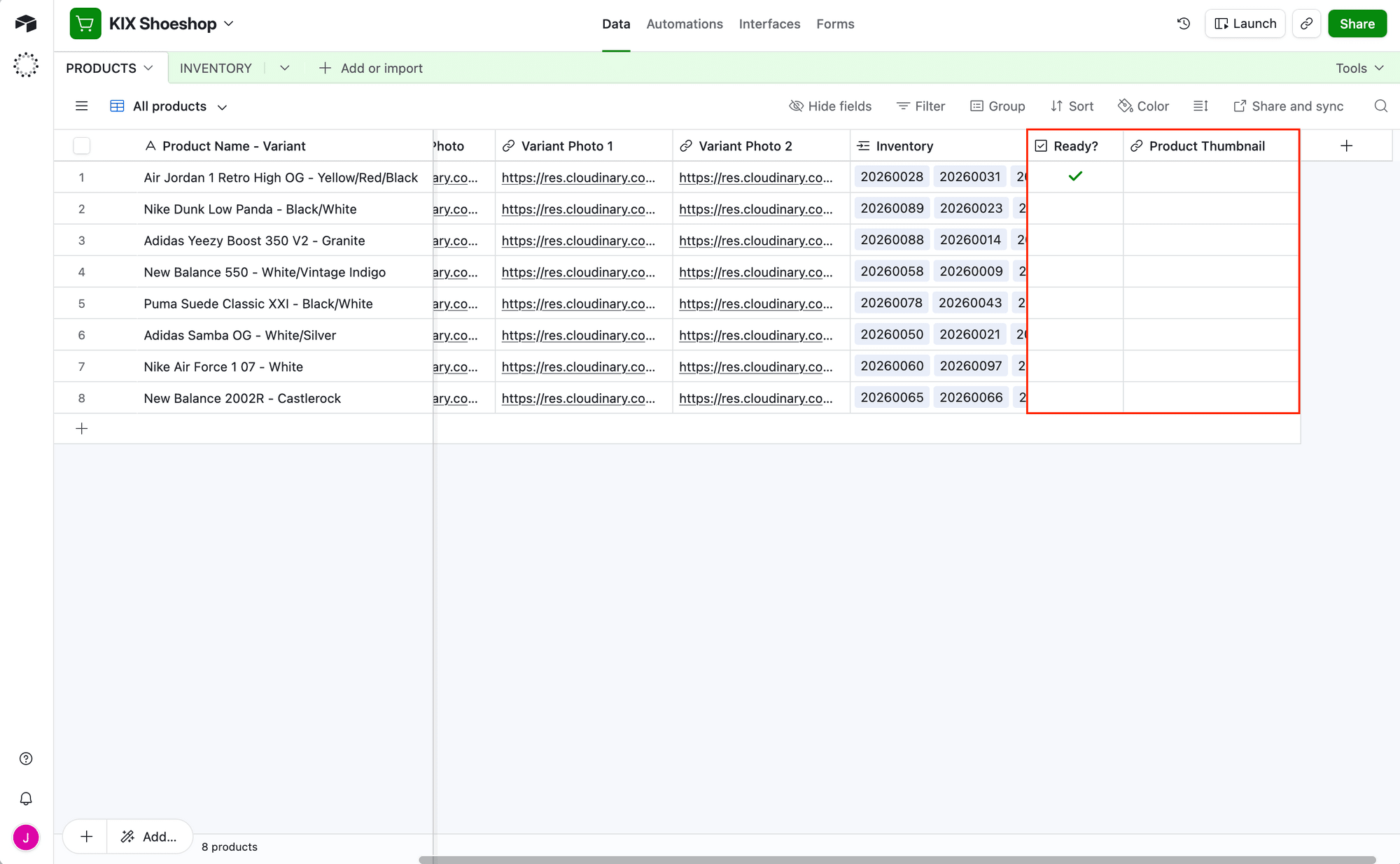 Screenshot of Airtable base with ready and product thumbnail fields outlined in red
