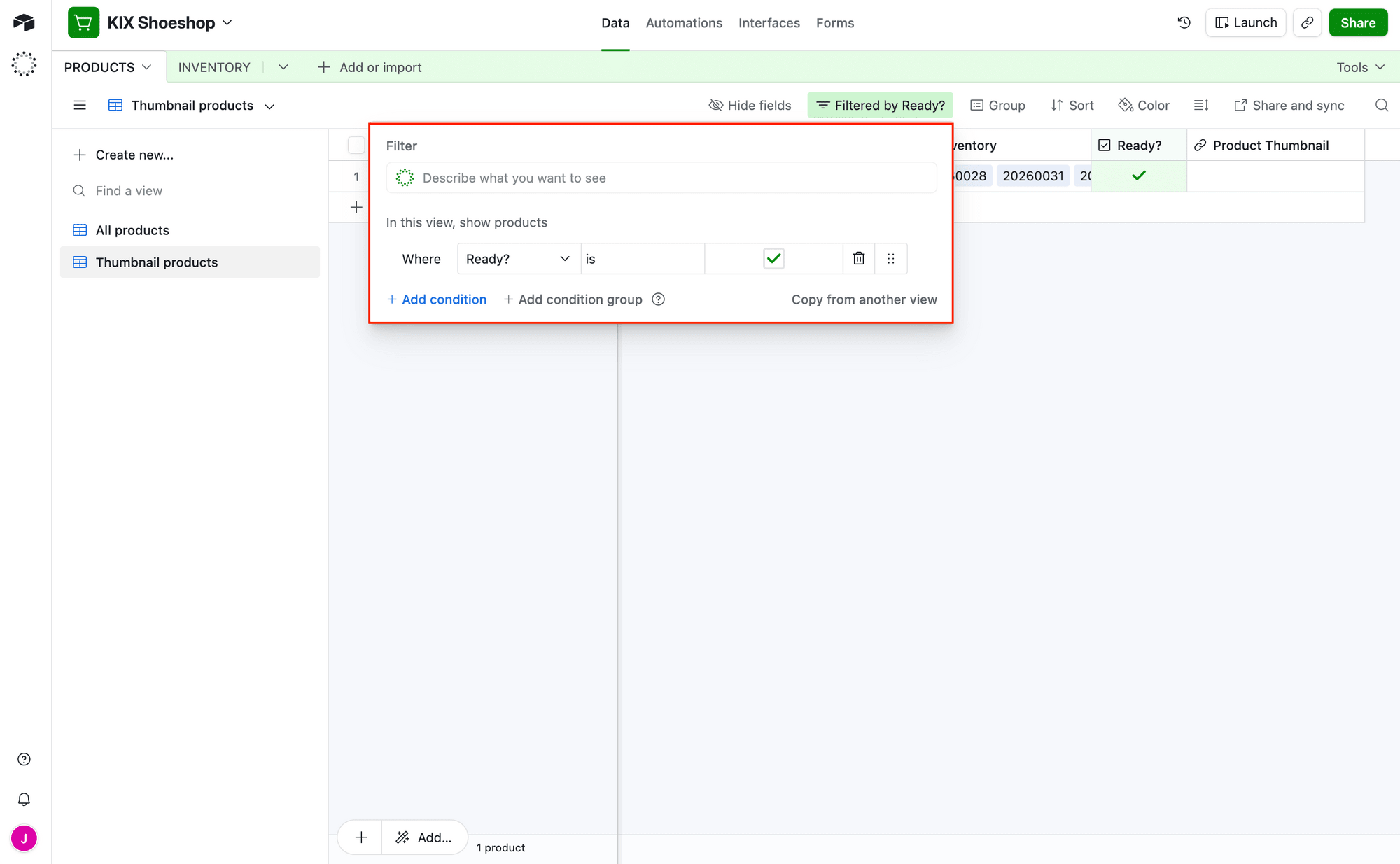Screenshot of Airtable base with thumbnail view filter outlined in red