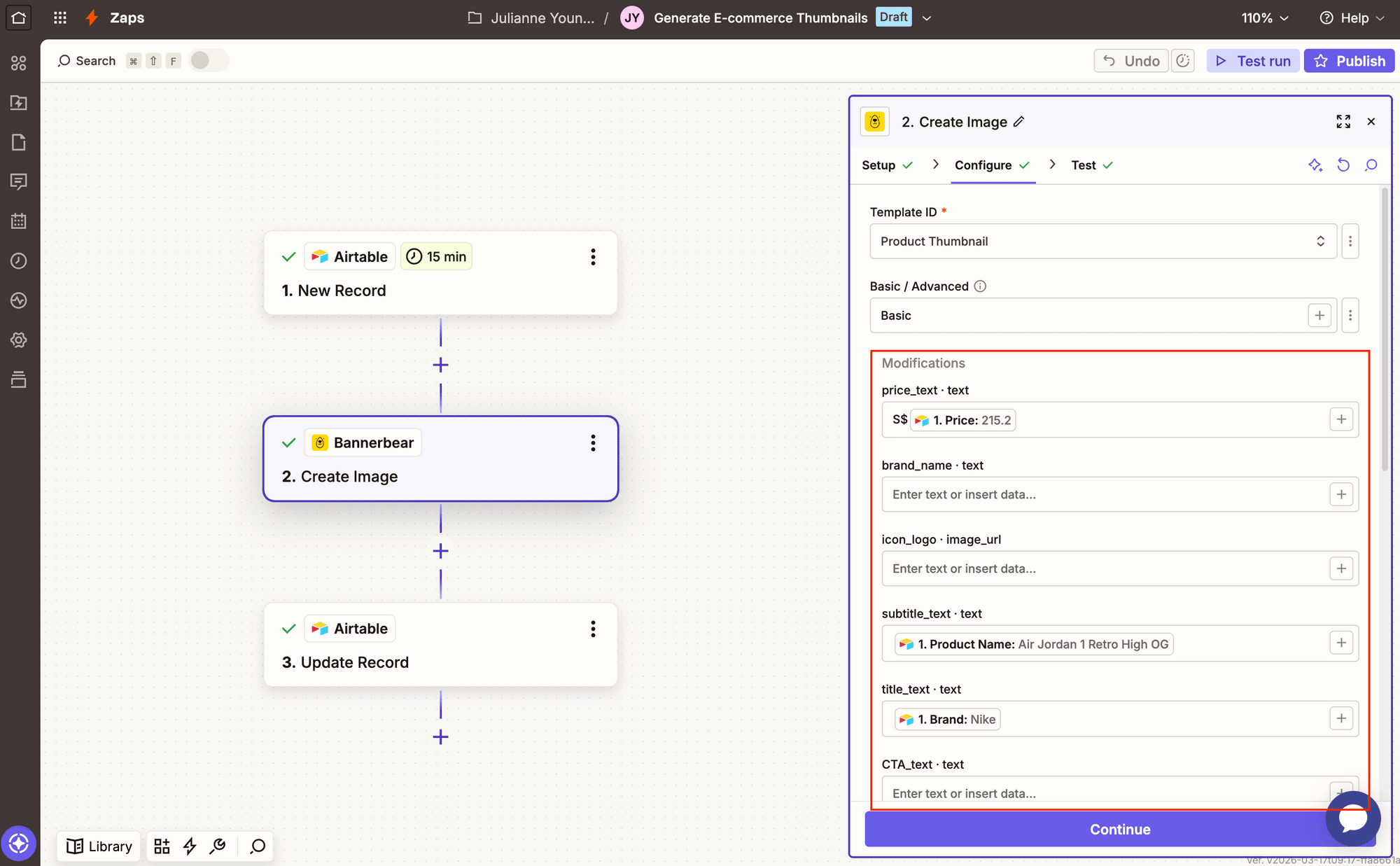 Screenshot of Zapier Bannerbear create image action with modifications outlined in red