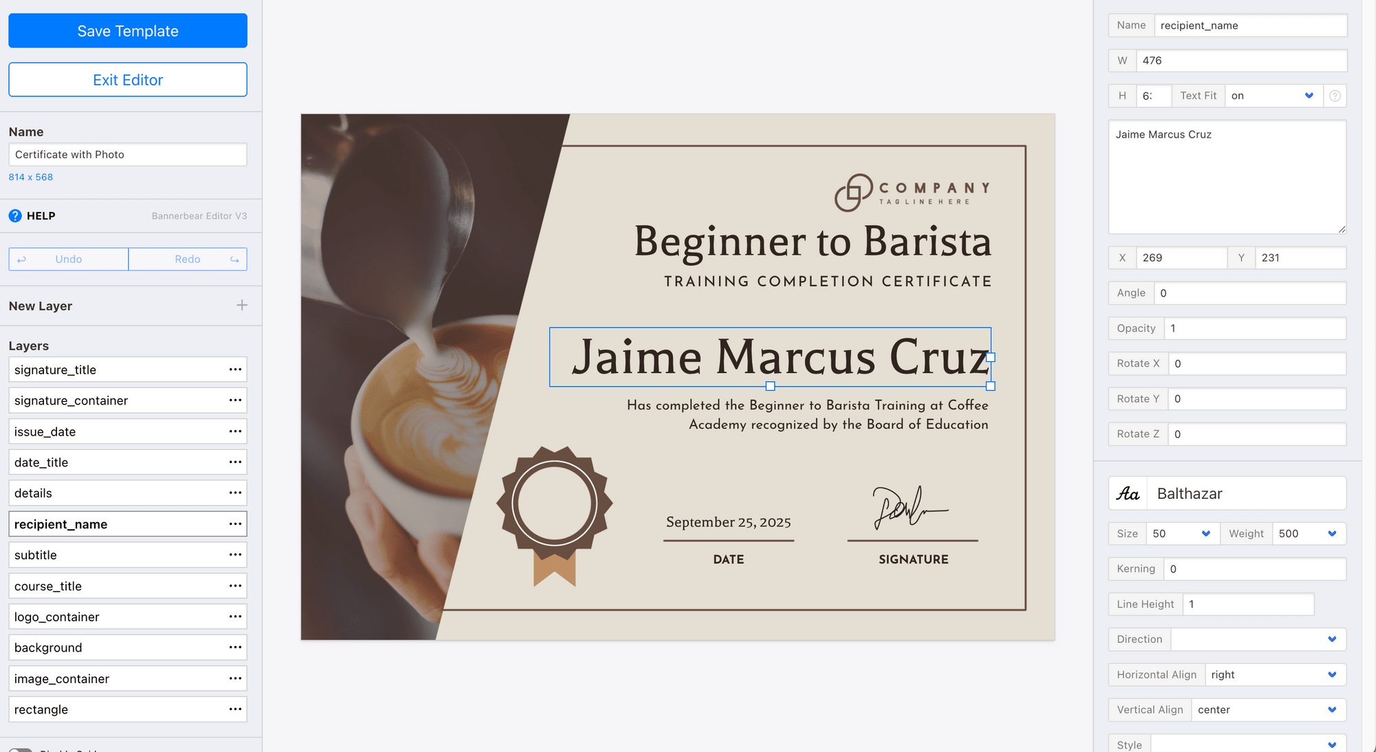 How to Vibe-Code a Certificate Maker with Claude Code and Bannerbear - screenshot of the template in Bannerbear editor