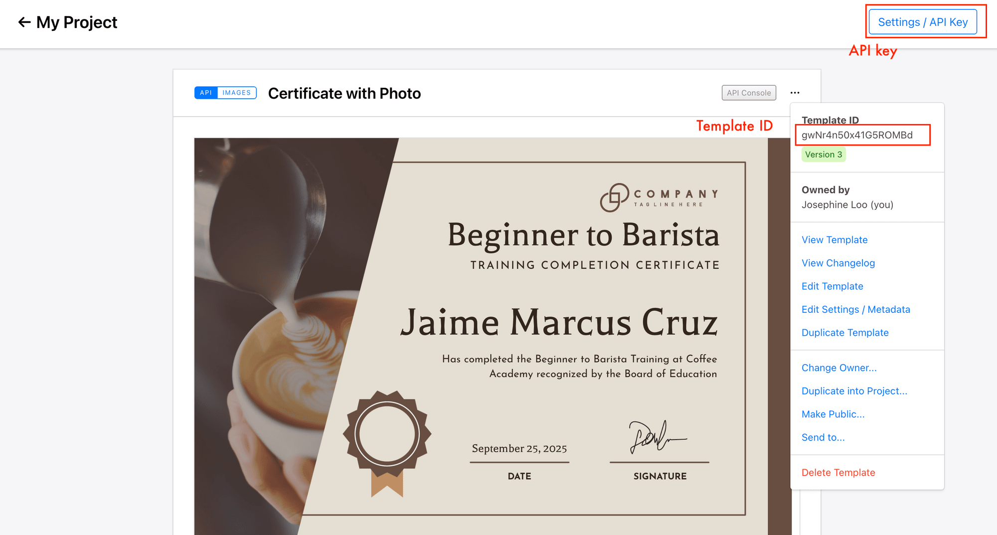 How to Vibe-Code a Certificate Maker with Claude Code and Bannerbear - copy Bannerbear project API key and template ID