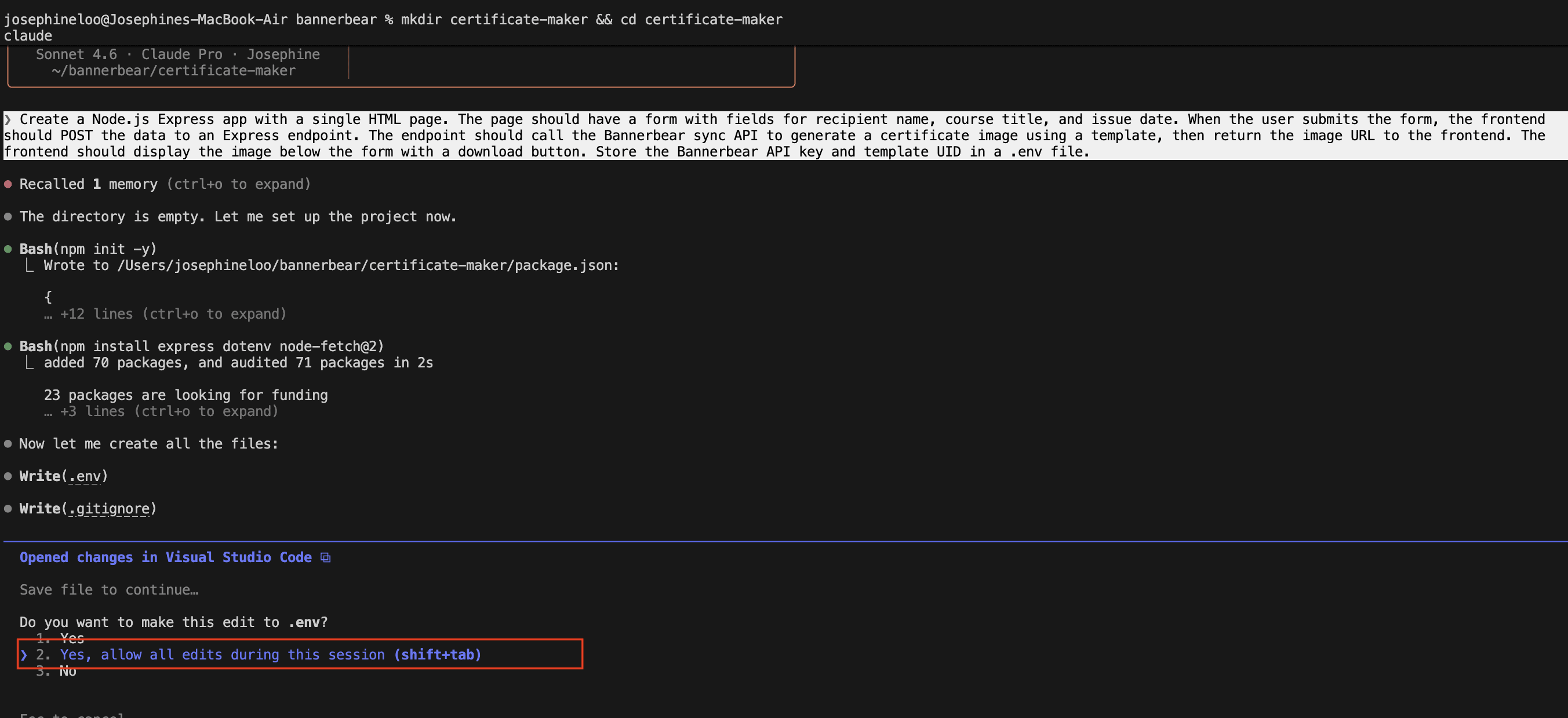 How to Vibe-Code a Certificate Maker with Claude Code and Bannerbear - giving permission to Claude Code