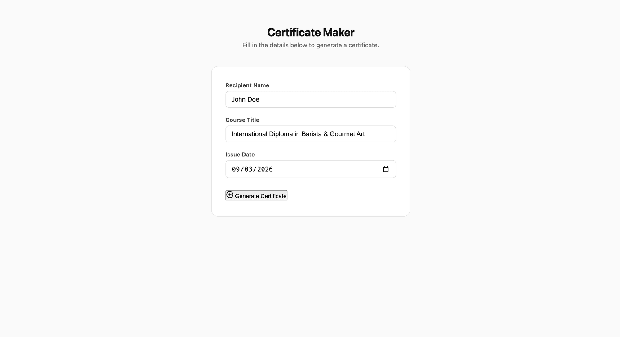 How to Vibe-Code a Certificate Maker with Claude Code and Bannerbear - screenshot of the web app wtih unfilled fields