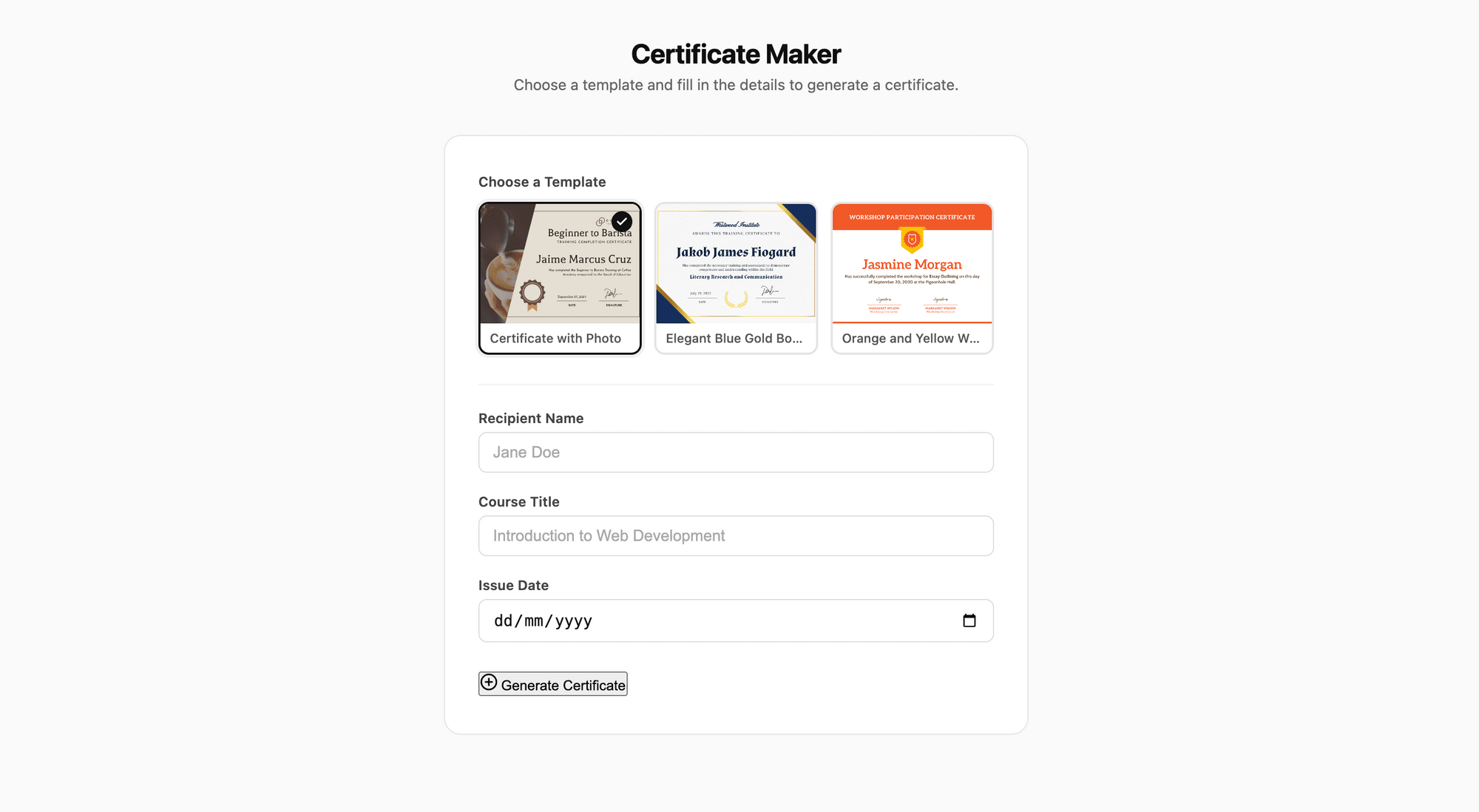 How to Vibe-Code a Certificate Maker with Claude Code and Bannerbear - screenshot of the web app with template selection