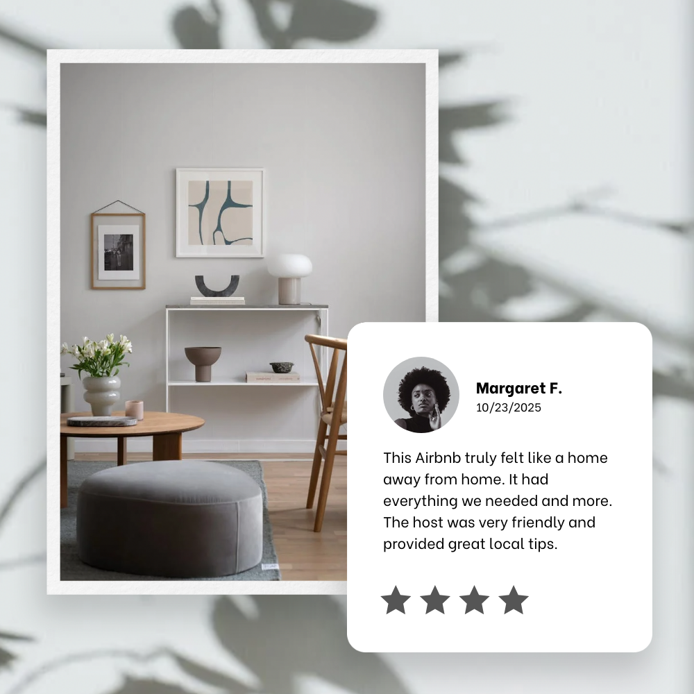 Bannerbear White and Grey Simple Photo with Avatar Square Review template