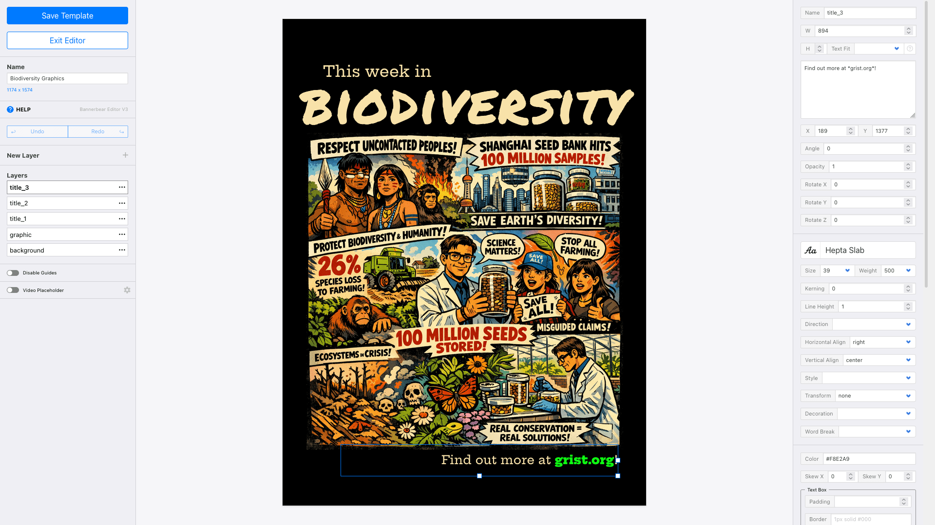 Screenshot of Bannerbear editor with text field selected