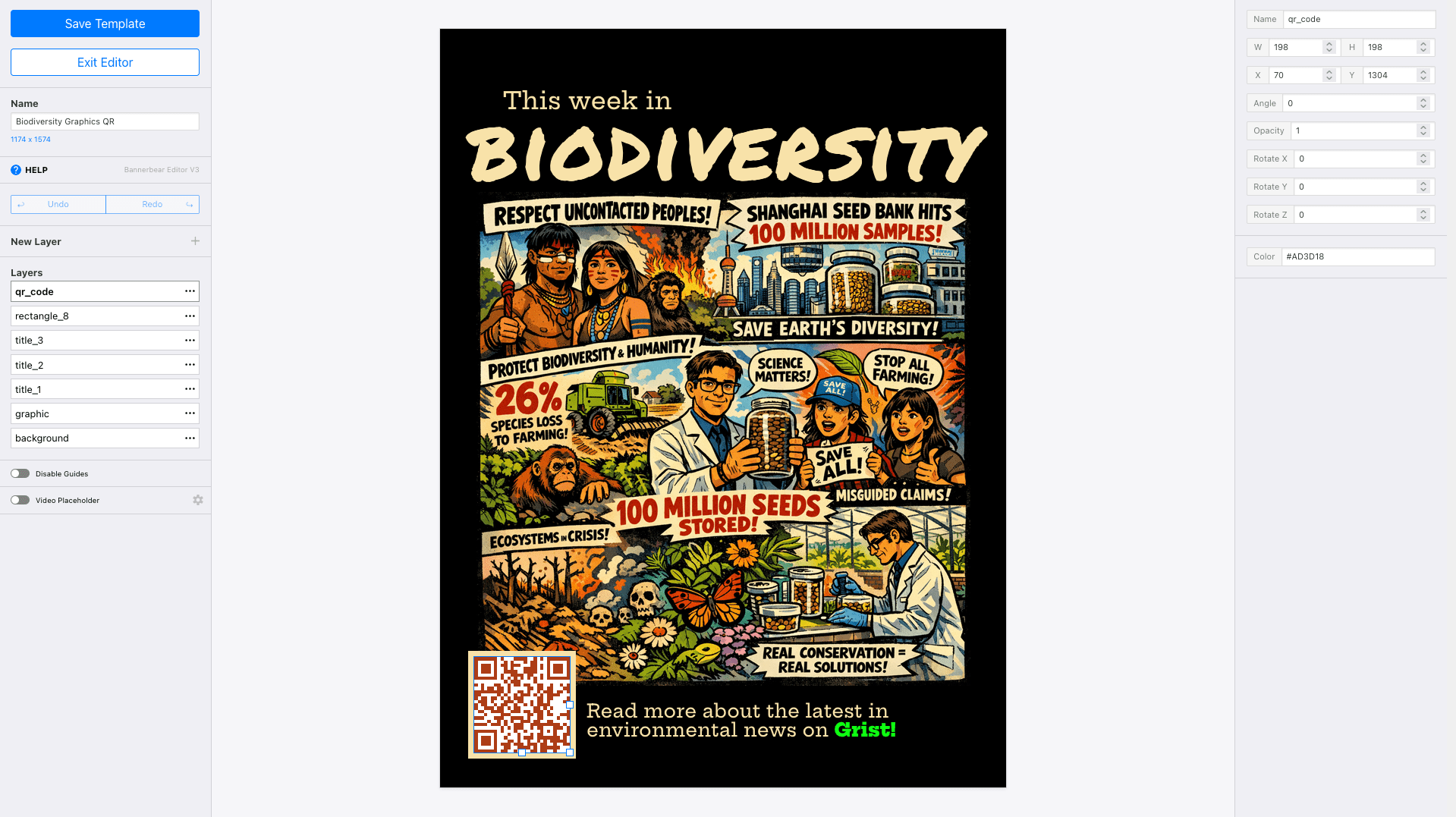 Screenshot of Bannerbear editor with QR field selected