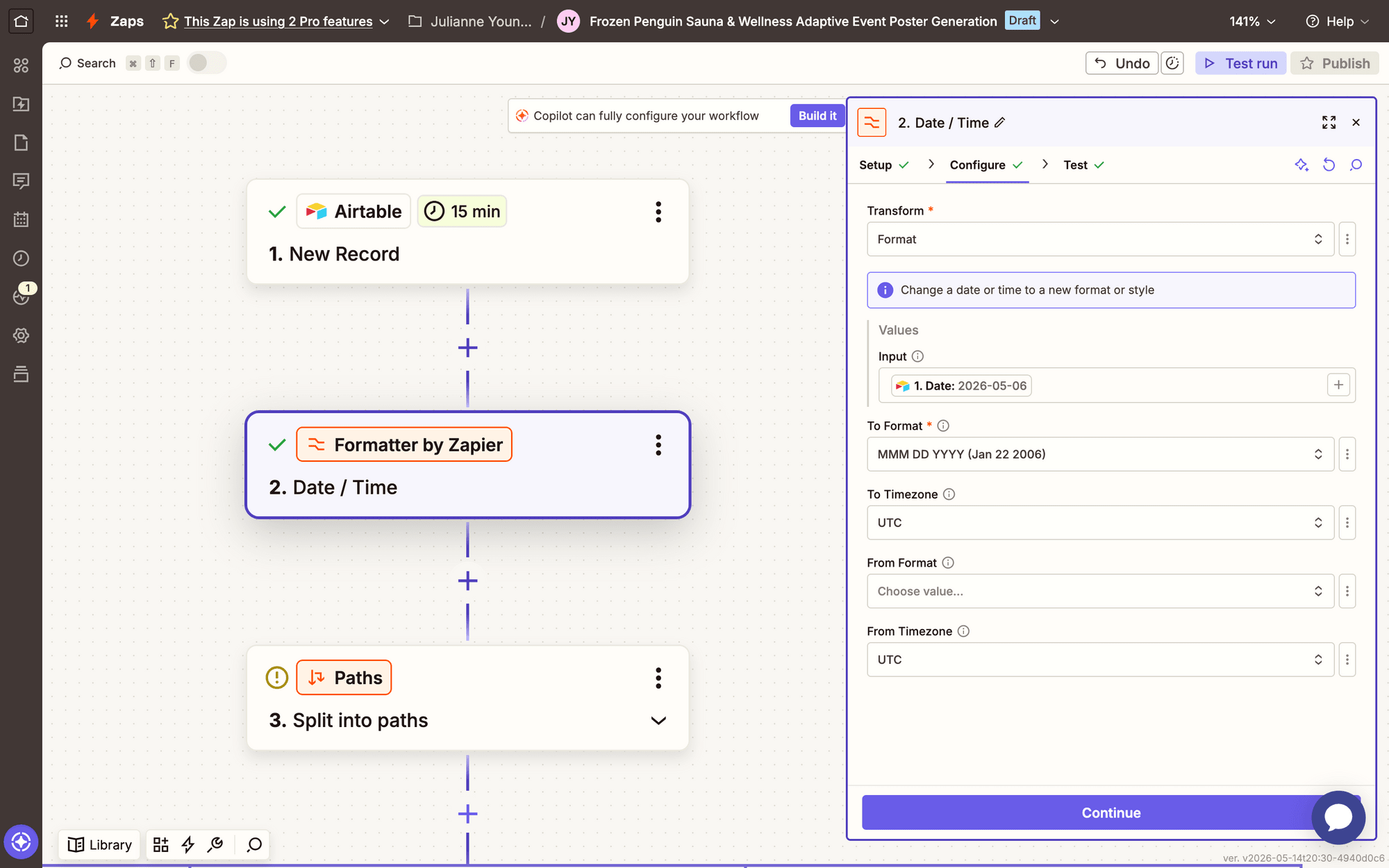 Screenshot of Zapier Formatter date/time setup