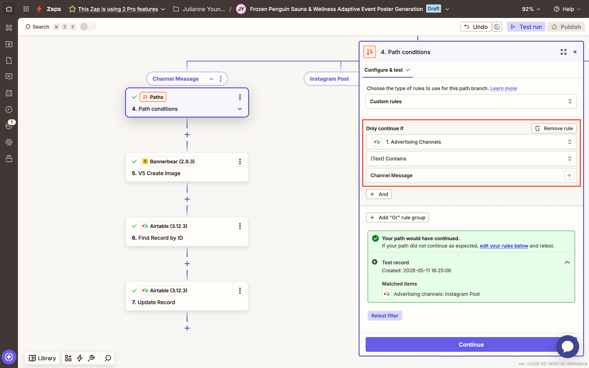 Screenshot of Zapier path conditions setup