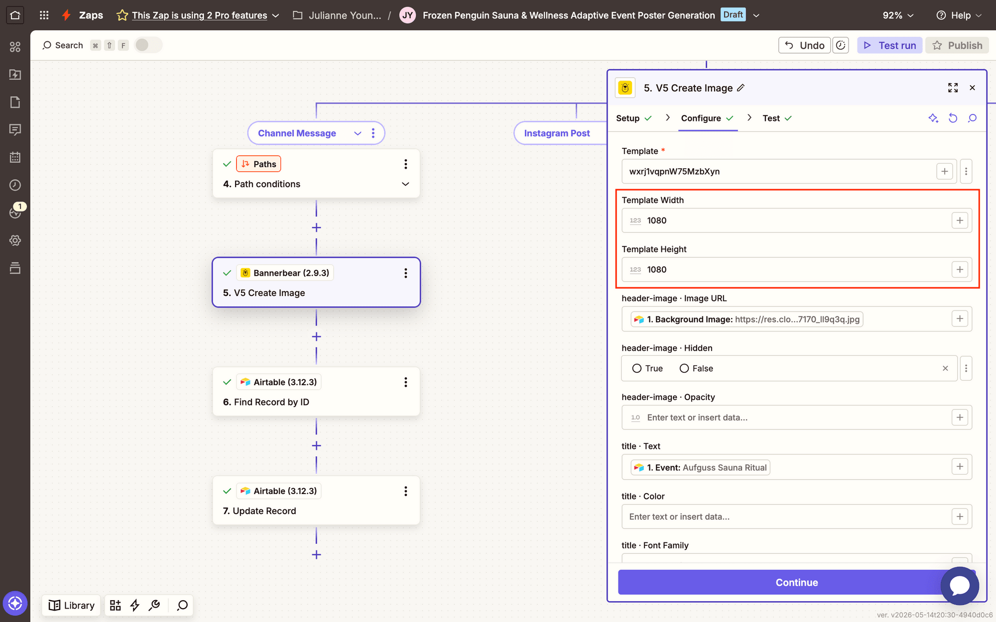 Screenshot of Zapier Bannerbear V5 create image template dimensions setup