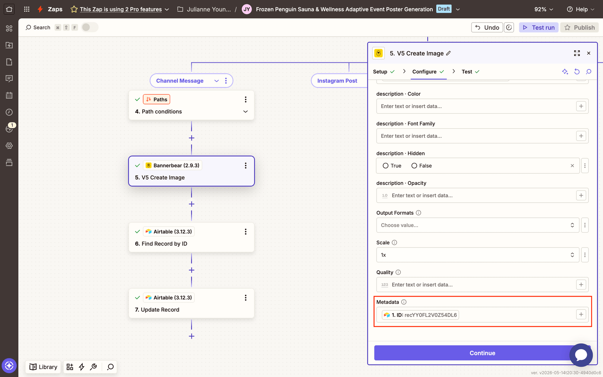 Screenshot of Zapier Bannerbear V5 create imate metadata setup