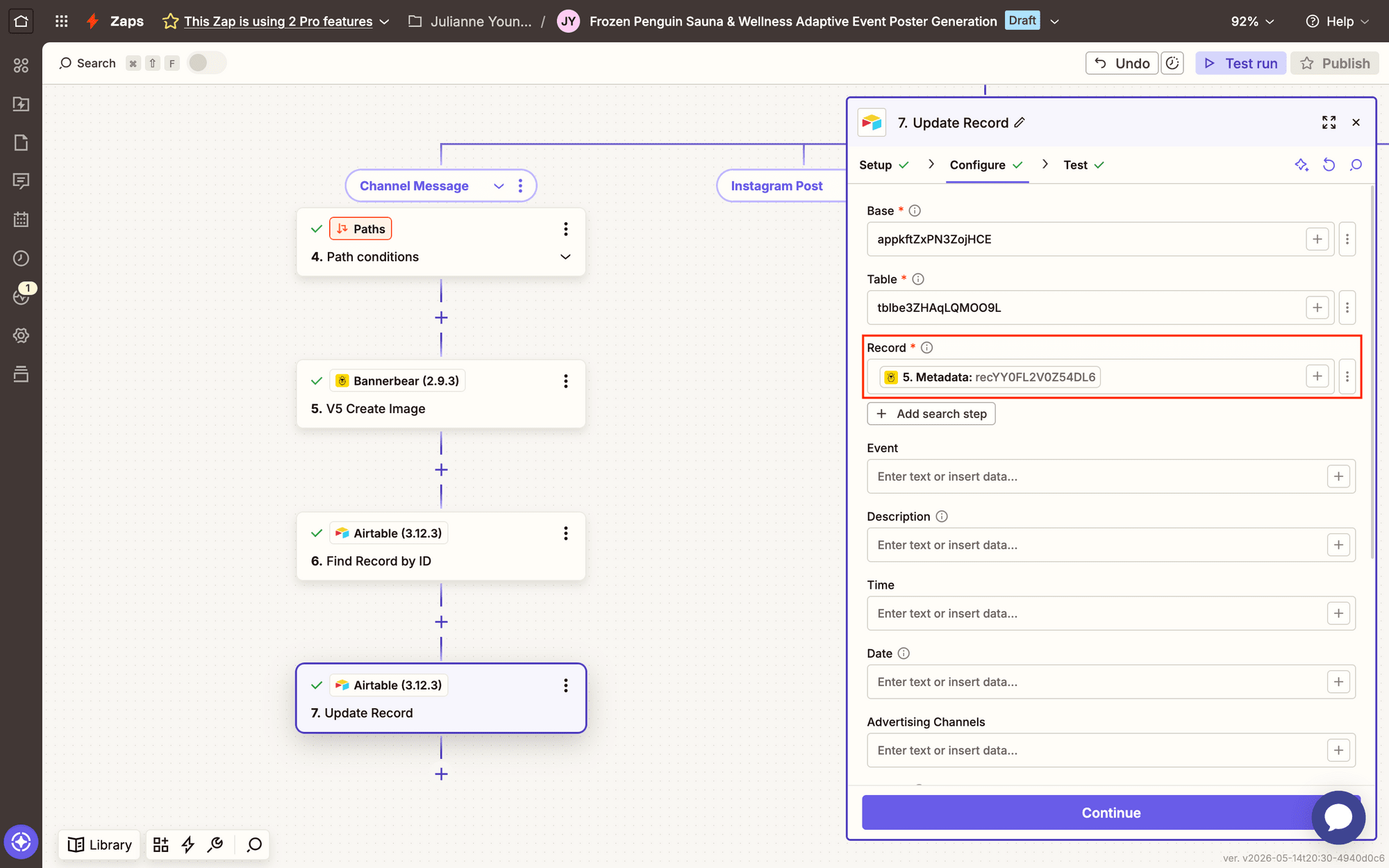 Screenshot of Zapier Airtable update record search value setup