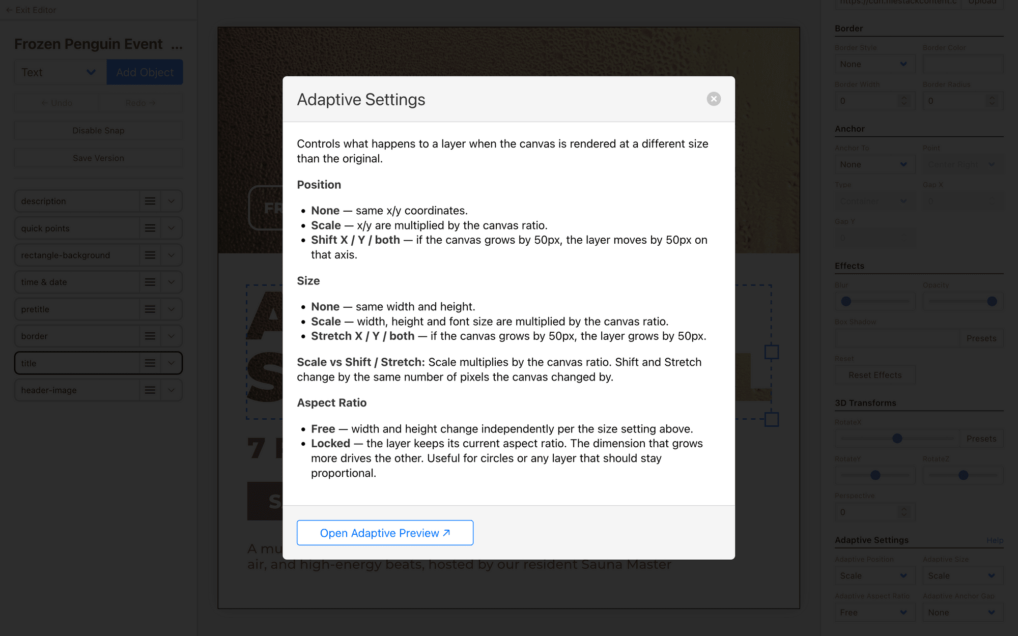 Screenshot of Bannerbear editor adaptive settings details