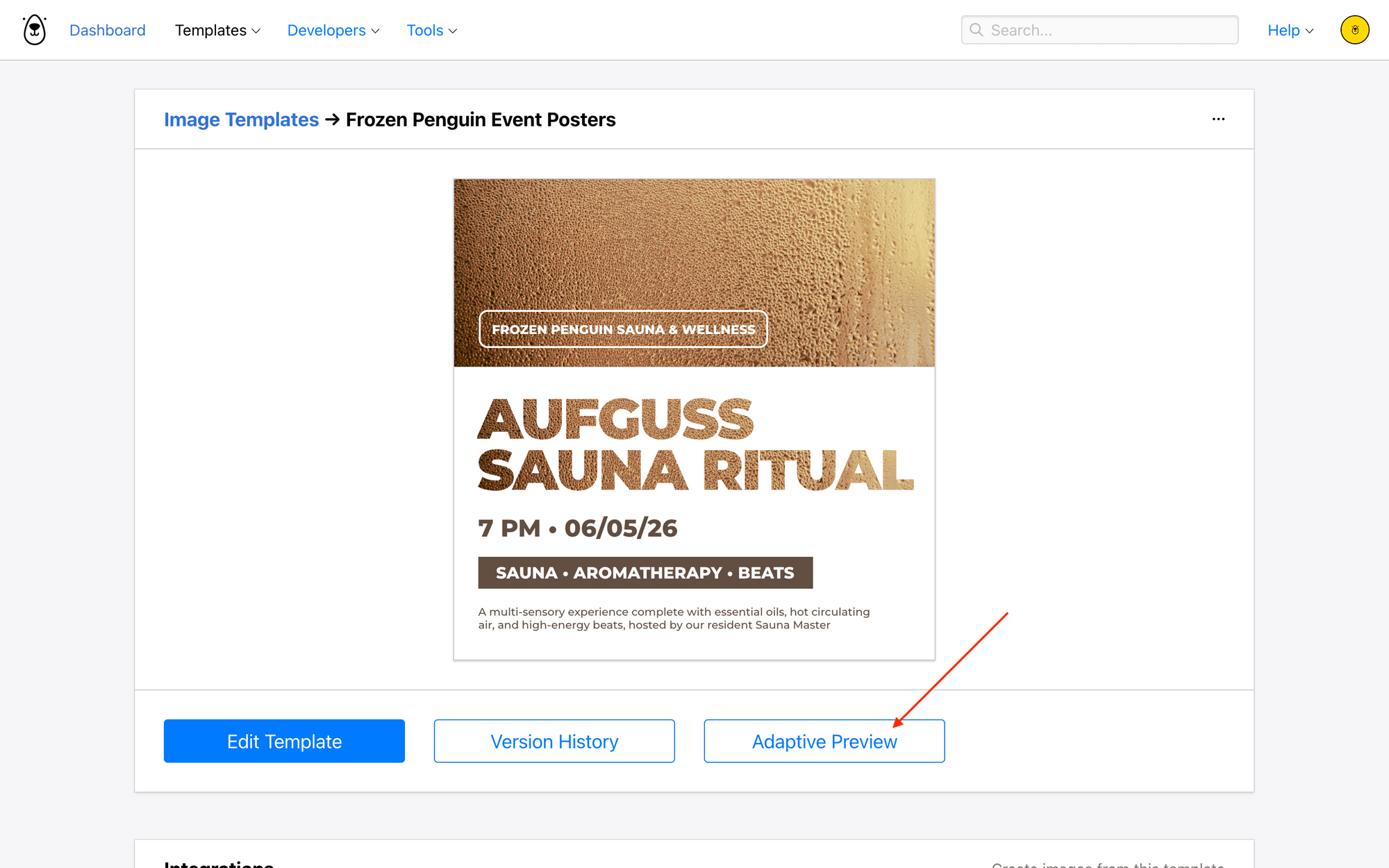 Screenshot of Bannerbear template page with red arrow pointing to adaptive preview button