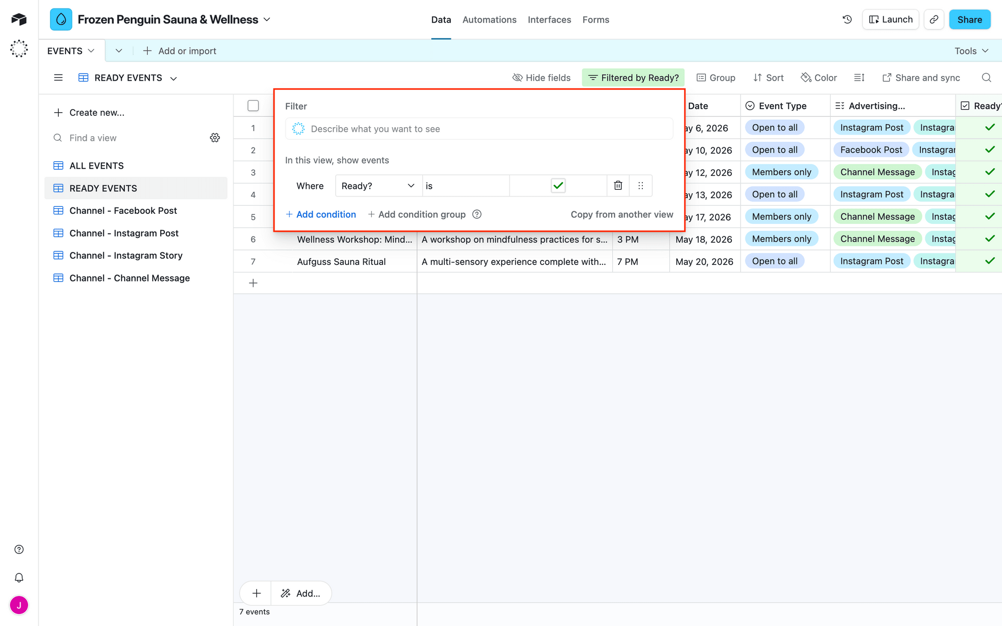 Screenshot of Airtable base with approved records filter outlined in red