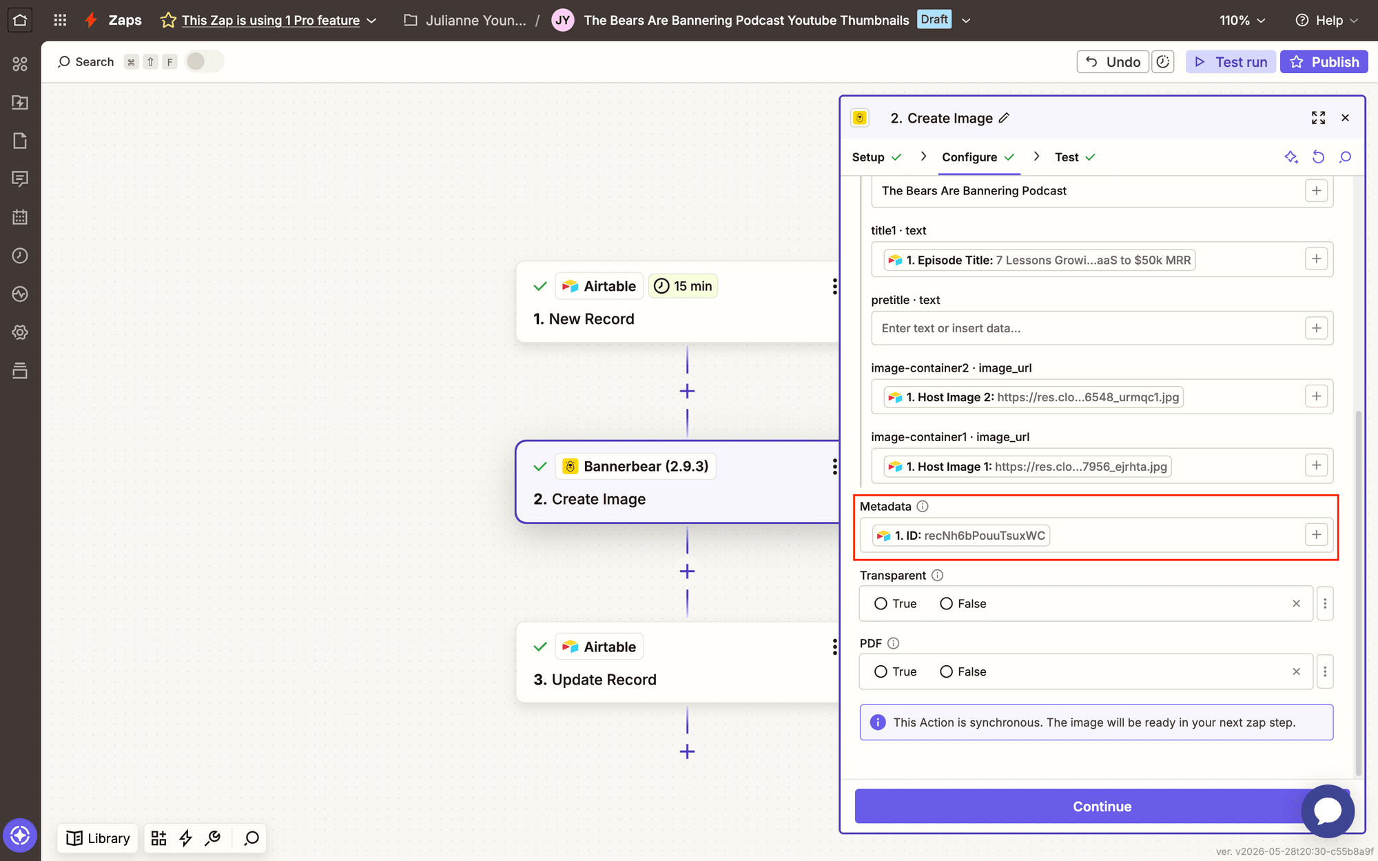 Screenshot of Zapier Bannerbear create image event config metadata outlined in red